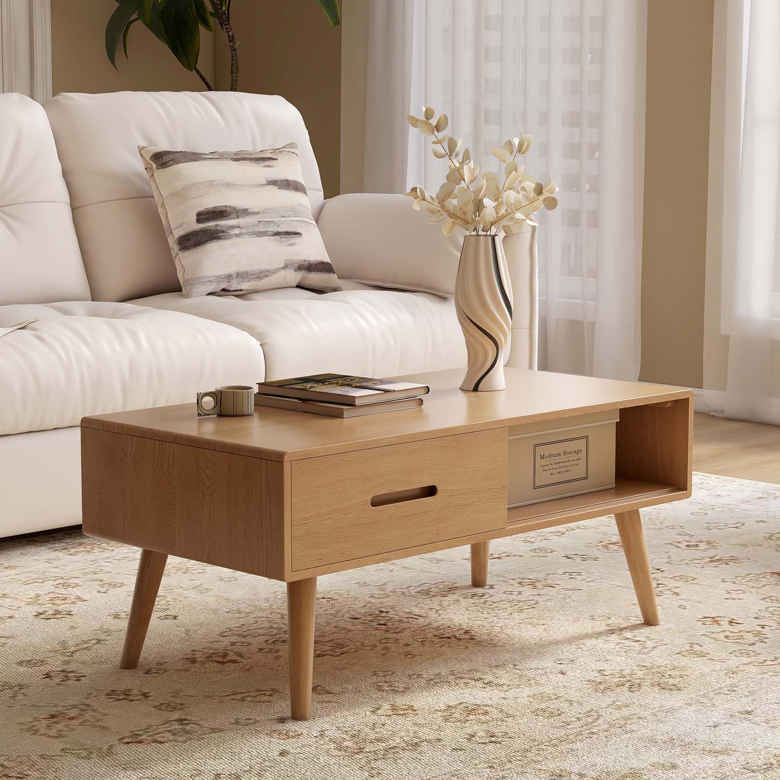 39.37'' Solid Wood Coffee Table, Mid-Century Modern Living Room Table with 2 Drawers & Storage Shelf, Oak Finish