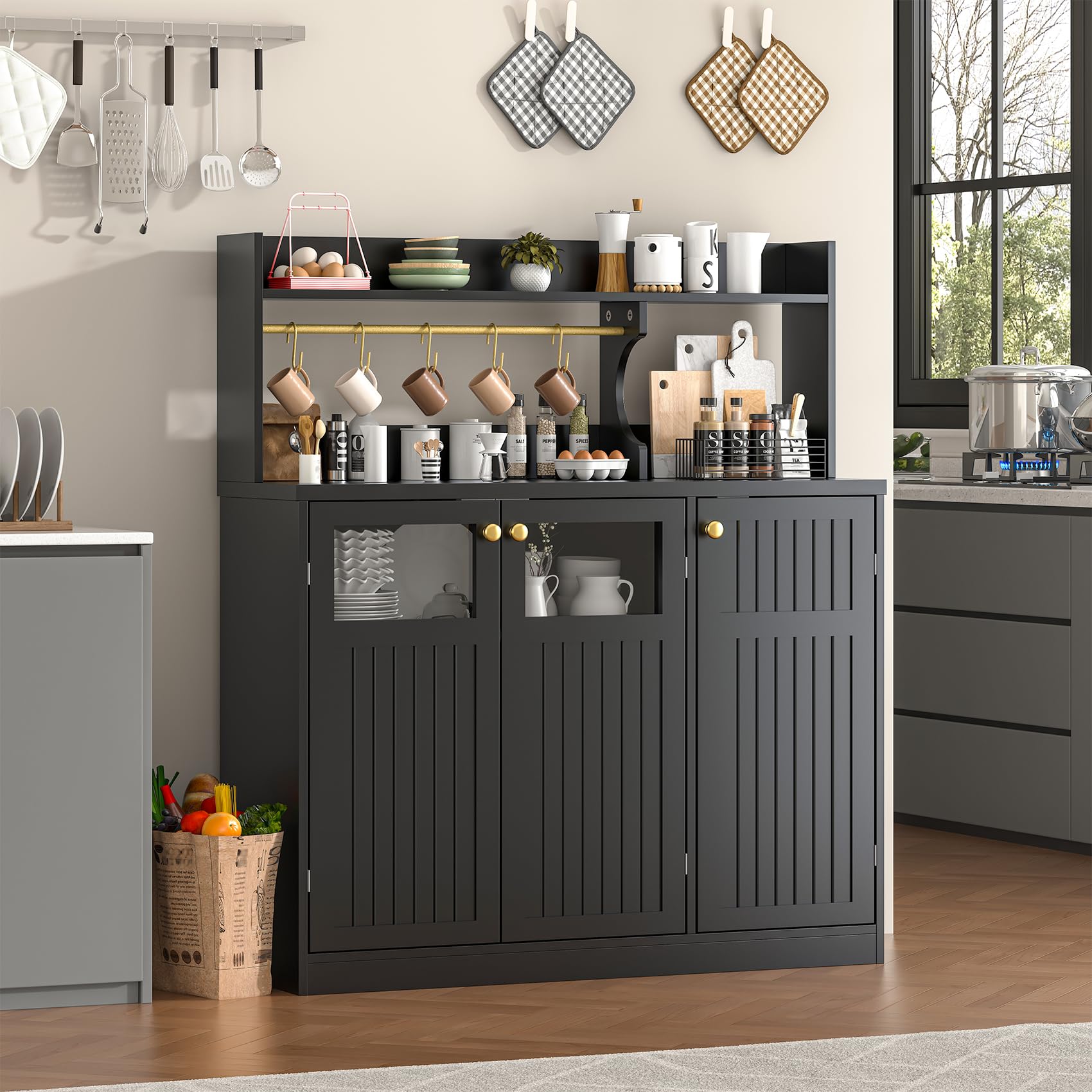 48'' Tall Sideboard Cabinet with 3 Doors & 5-Tier Shelf, Black Coffee Bar Buffet Storage Cabinet with Hooks for Dining