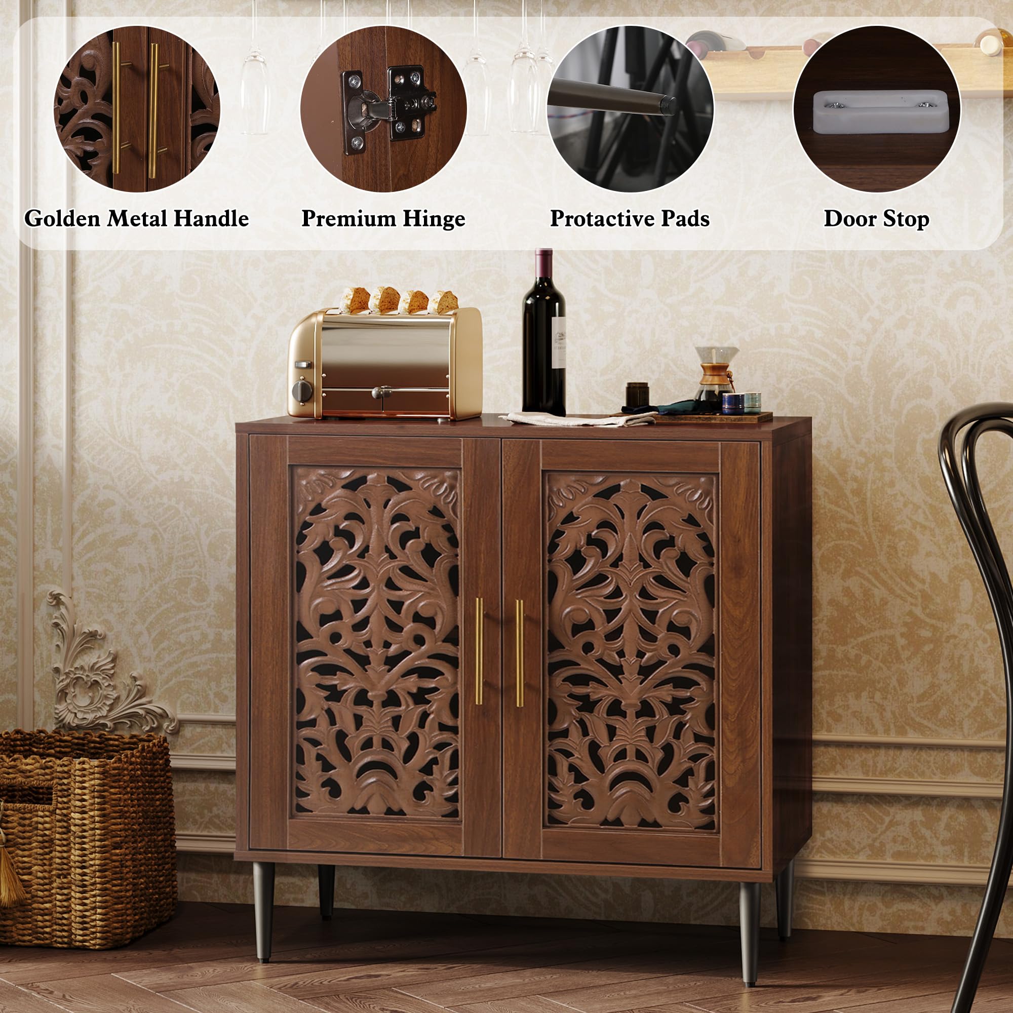 Walnut Accent Cabinet with 2 Doors, Vintage Carved Sideboard Credenza for Dining Room, Hallway, Kitchen