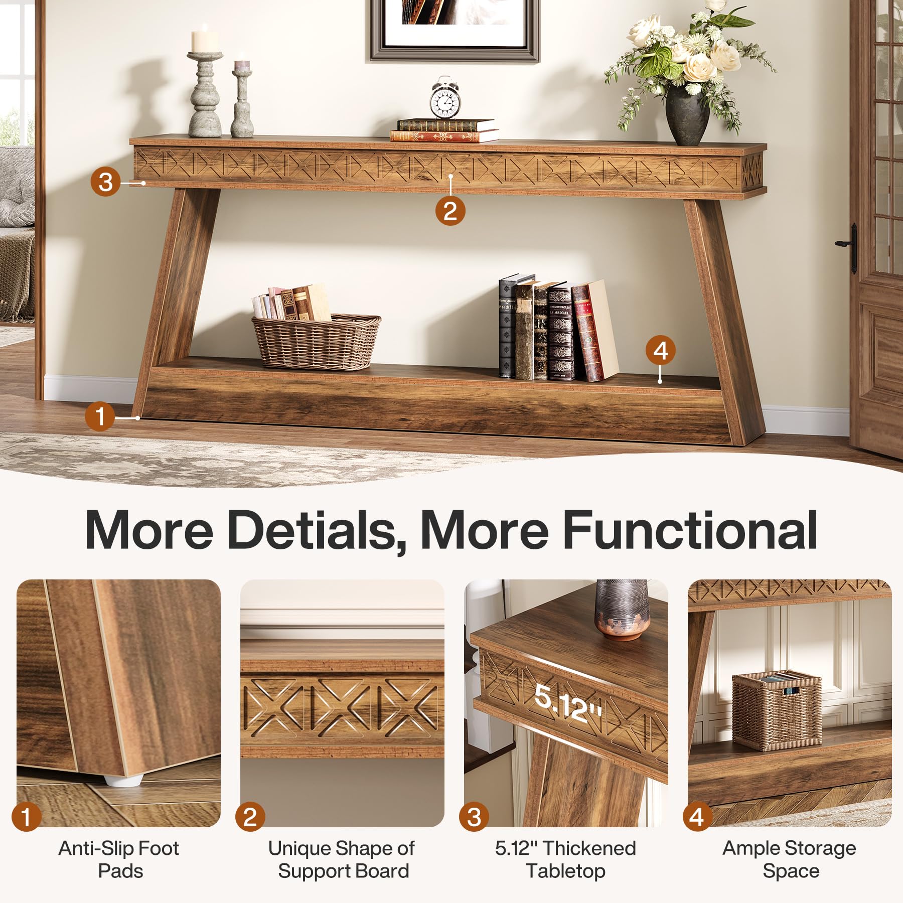 71" Extra Long Farmhouse Console Table, 2-Tier Wooden Sofa Table Behind Couch with Storage, Rustic Brown