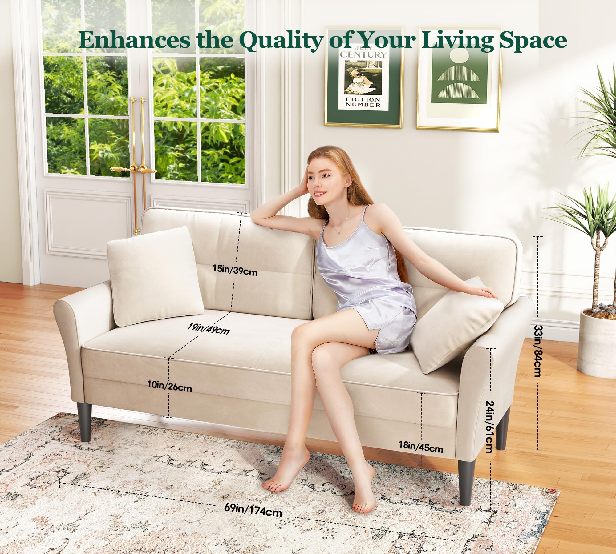 69" Small White Loveseat Sofa with 2 Pillows, Tool-Free Assembly, 700lb Load Mini Couch for Bedroom, Living Room, Cozy