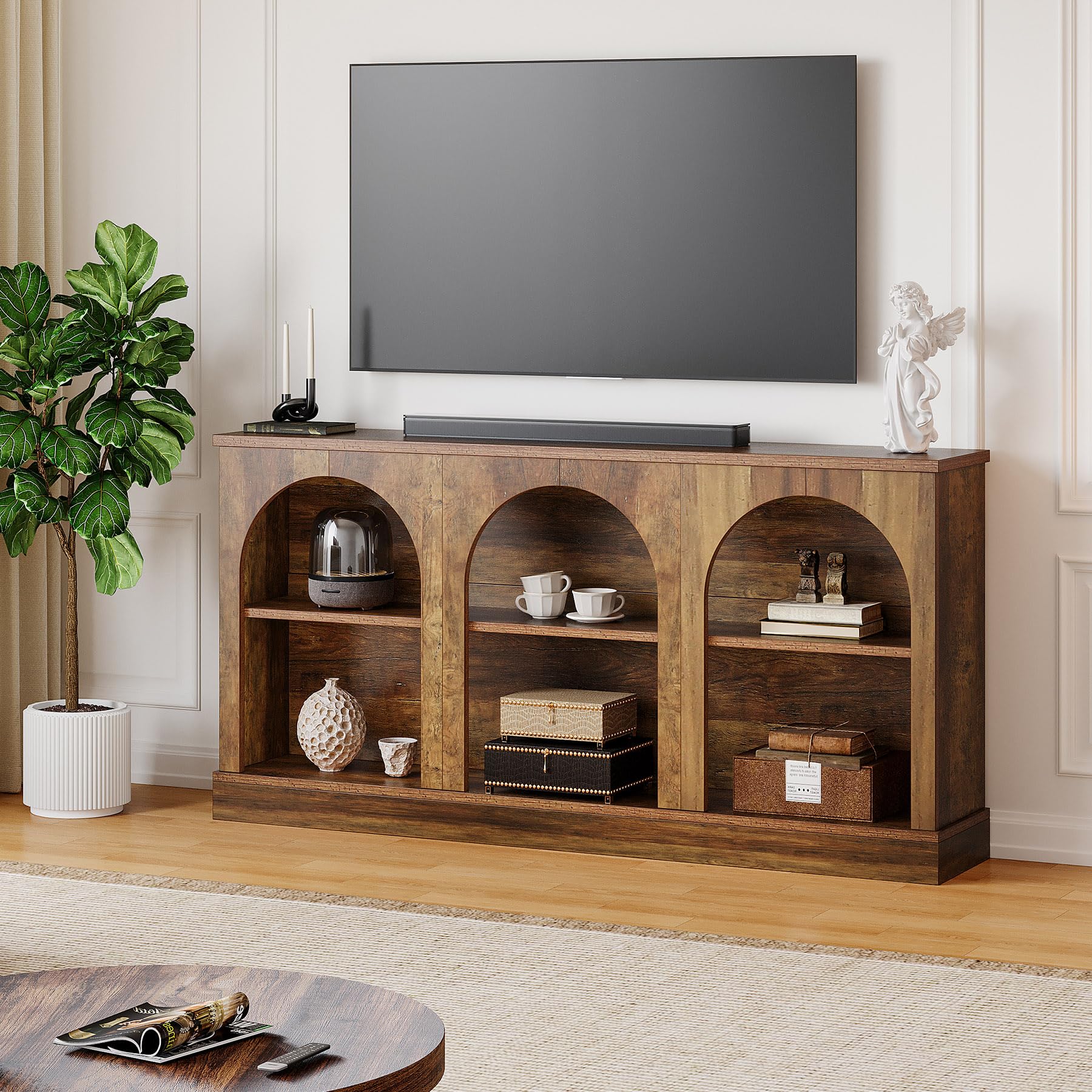Farmhouse TV Console Stand for 55-65 Inch TVs, Rustic Entertainment Center with Storage Cabinets, Brown Finish