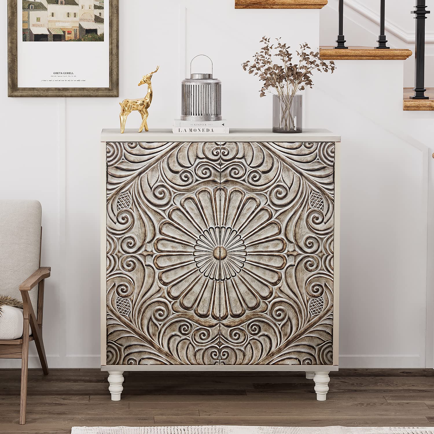 32" Sideboard Buffet Cabinet with Flower Pattern Doors, Vintage Push-to-Open Storage Table for Hallway, Gray