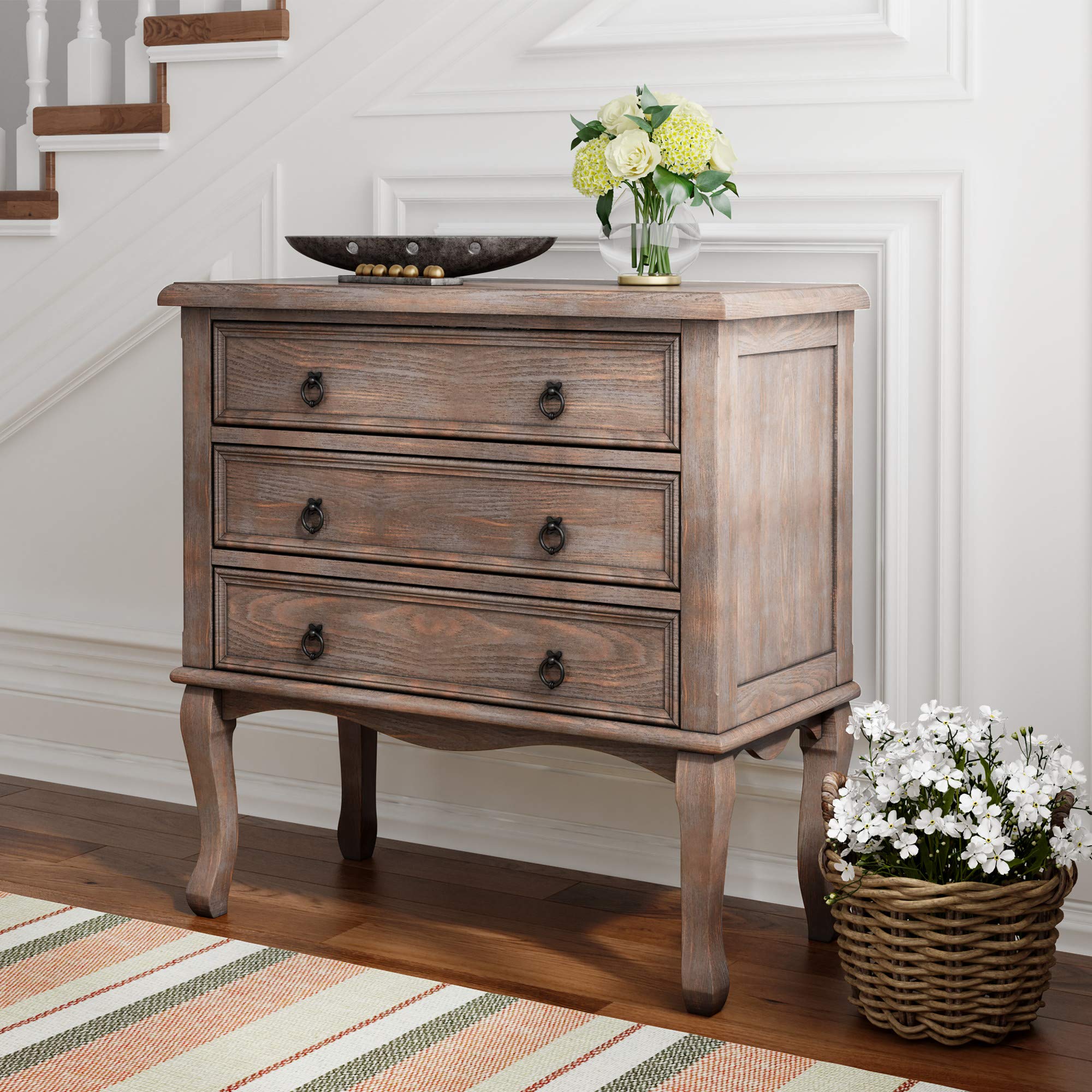Thomas Antique 3-Drawer Country Dresser Chest, Grey Nightstand with Black Ring Handles for Living Room