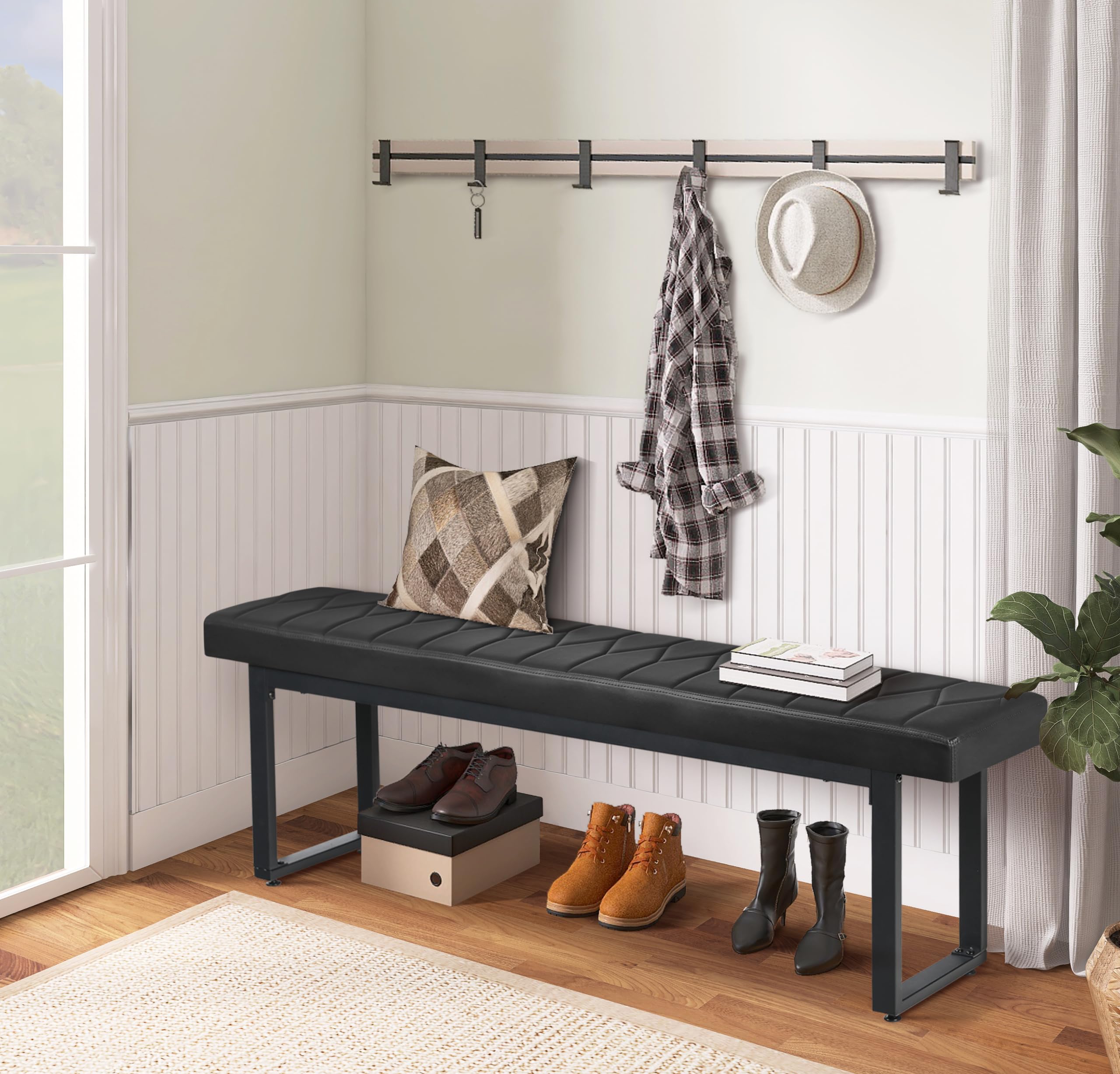 58" Faux Leather Dining Bench Set of 2, Indoor Cushioned Benches for Entryway, Bedside, Dining Room