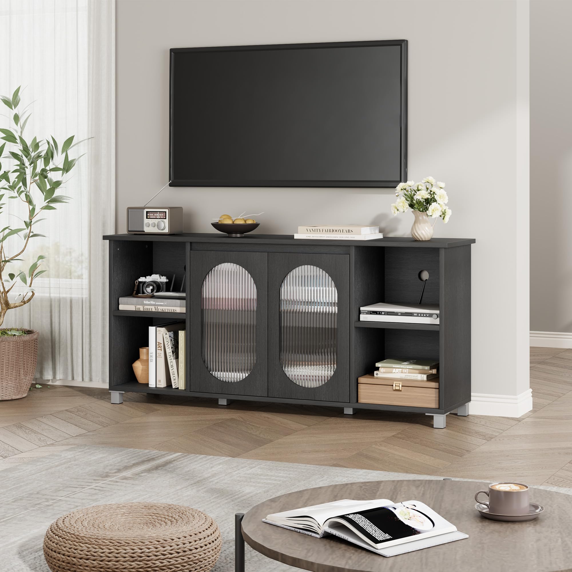 70 Inch Rustic TV Stand – Black Entertainment Center with Corrugated Glass Doors & Open Shelves for Living Room