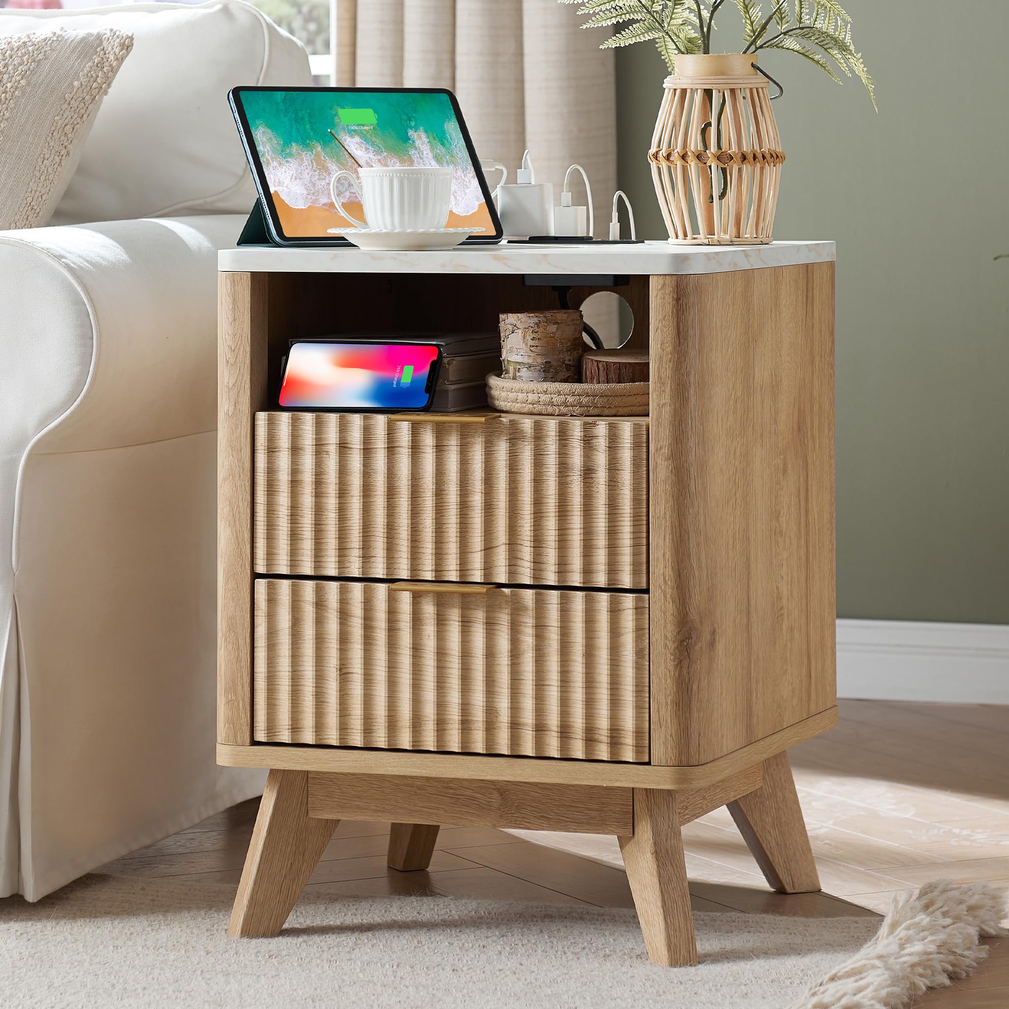 Modern Oak Fluted Nightstand Set of 2 with Faux Marble Top, 2-Drawer End Tables with Charging Station
