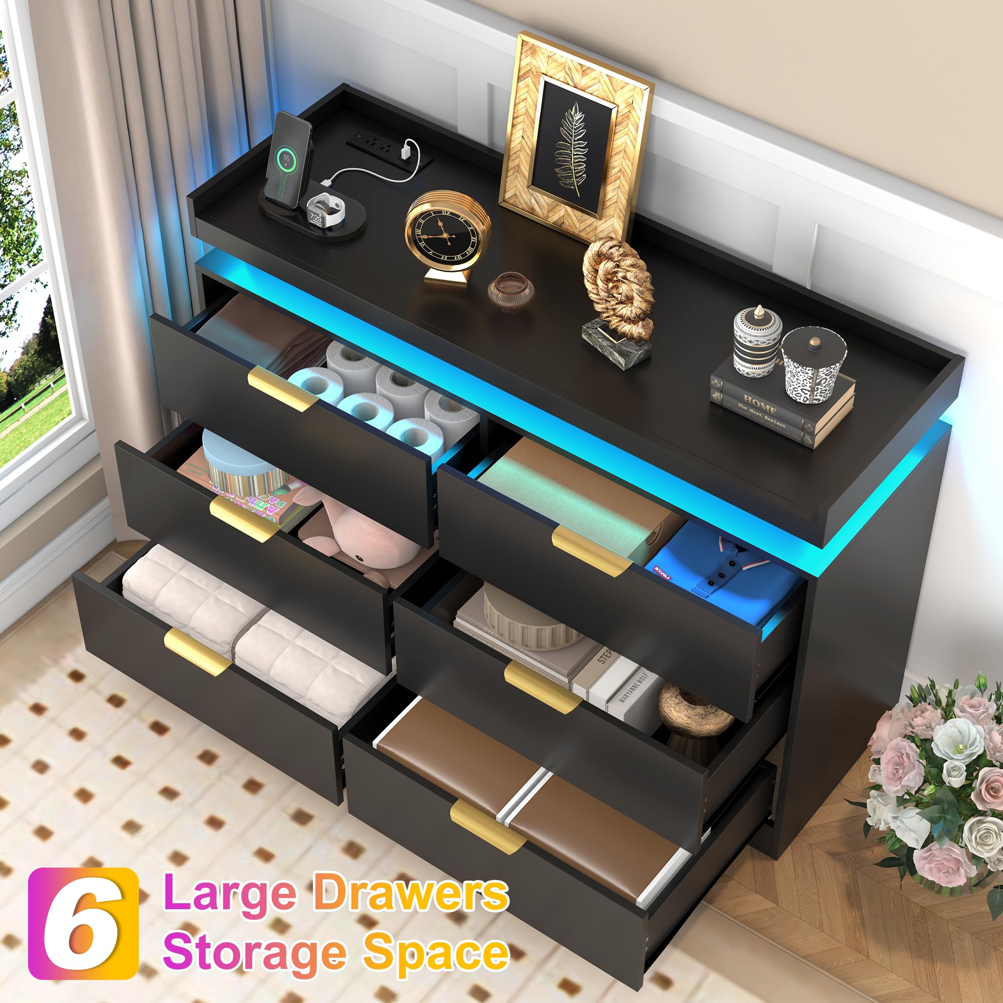 6-Drawer Black Dresser – LED Lights & Power Outlet, Modern Wide Storage Organizer for Bedroom, Entryway or Closet