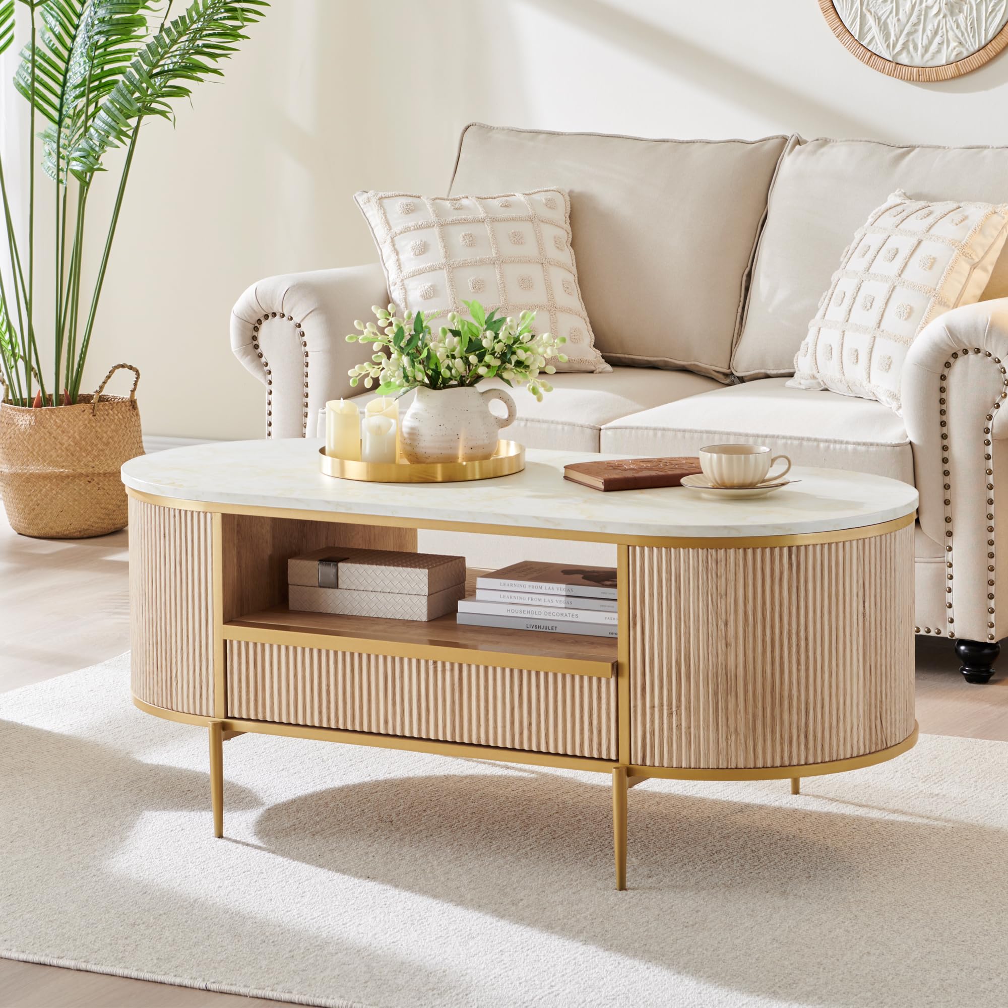 48" Modern Fluted Coffee Table with Drawer, Faux Marble Top, Gold Metal Decor, Curved Oval Center Table, Natural Oak