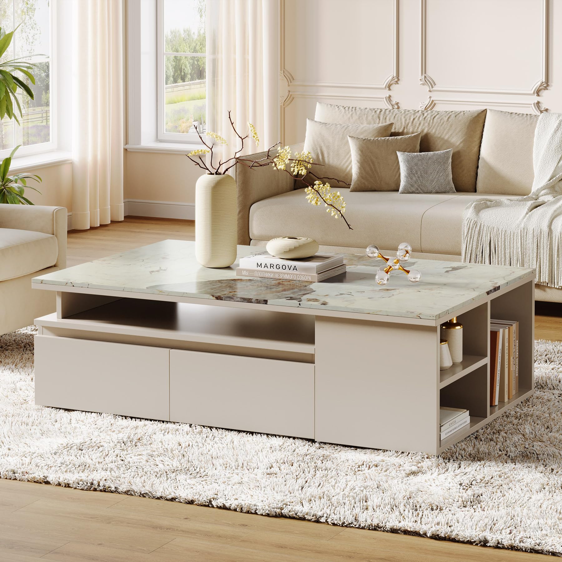 Extendable Coffee Table with Faux Marble Top, 4 Drawers & Storage Shelf, Expands from 51” to 71”