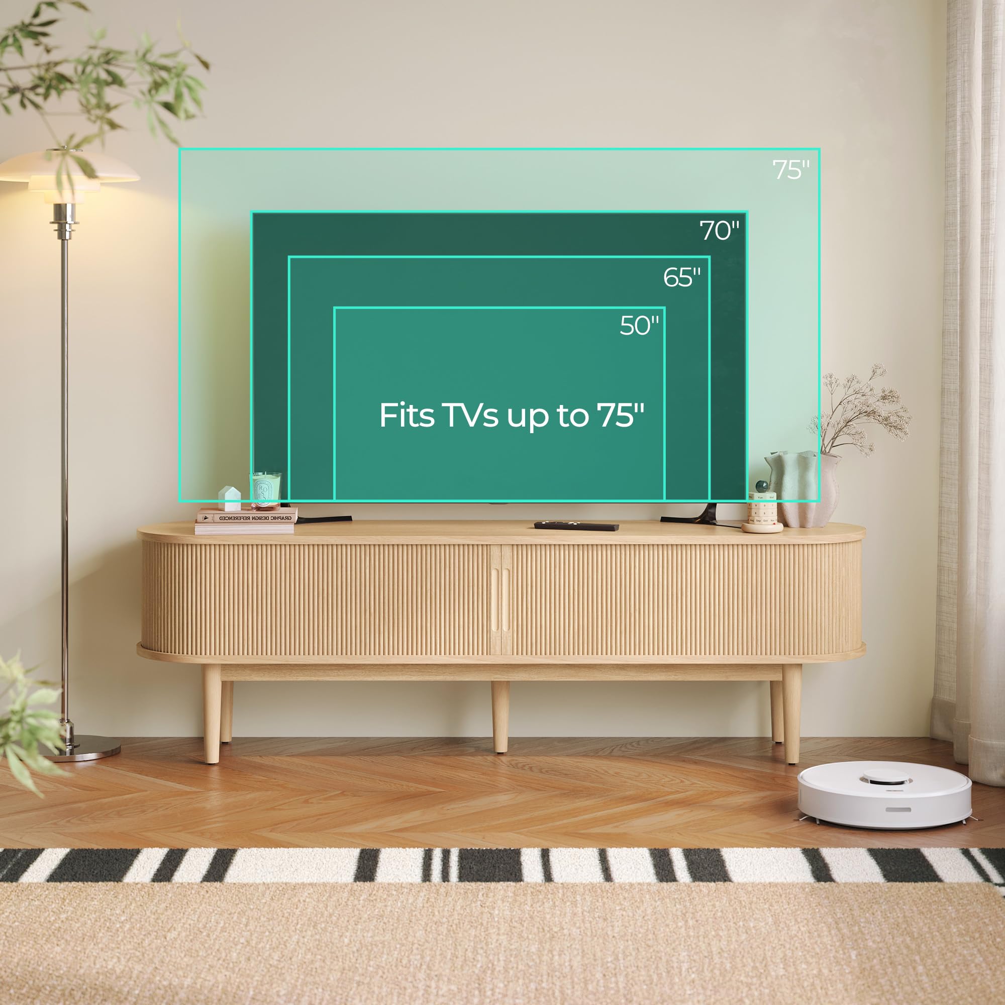 Fluted 70" TV Stand – Mid-Century Modern Entertainment Console with Sliding Tambour Door, Oak Finish