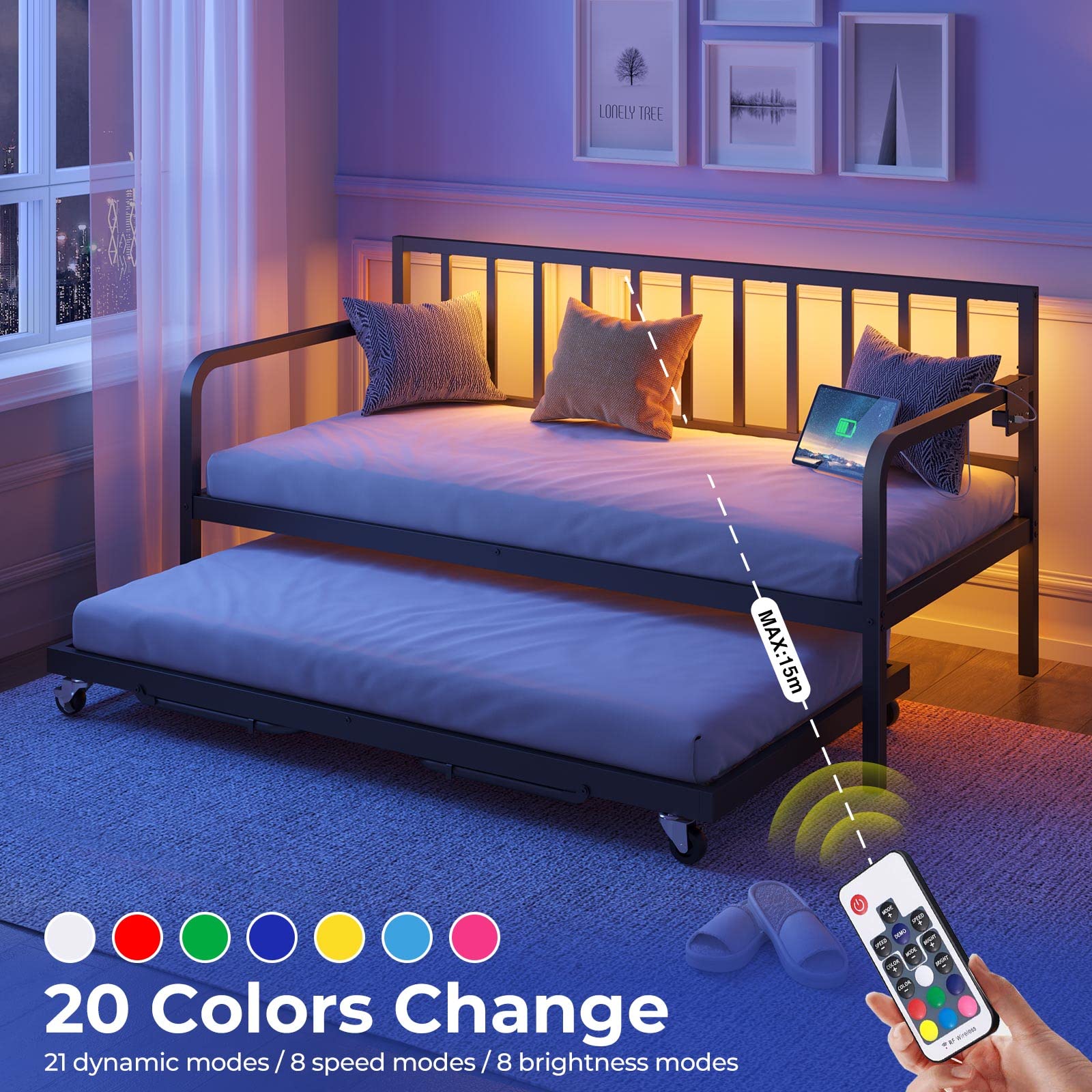 Adjustable Twin Daybed – Metal Sofa Bed with Trundle, Charging Station & LED Lights, Great for Living Room or Guest Room