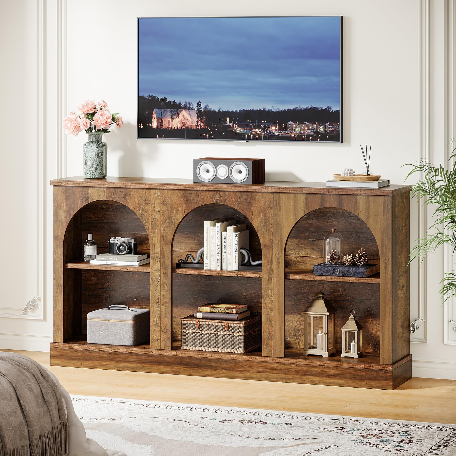 Farmhouse TV Console Stand for 55-65 Inch TVs, Rustic Entertainment Center with Storage Cabinets, Brown Finish