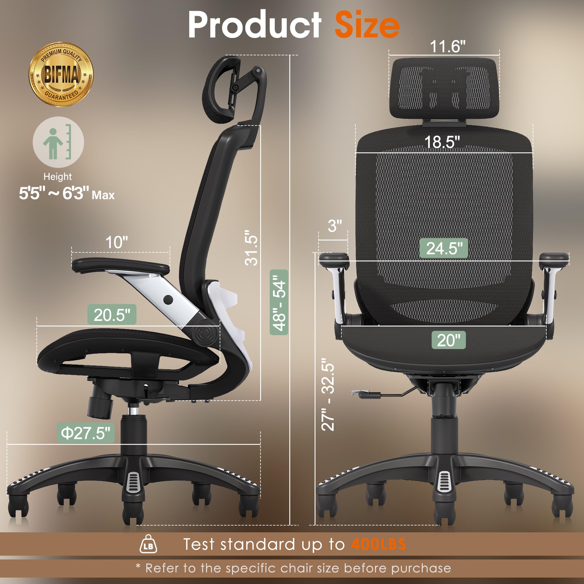 High Back Ergonomic Office Chair with Headrest, Flip-Up Arms, Wide Seat, Tilt Lock, Mesh Chair, Black
