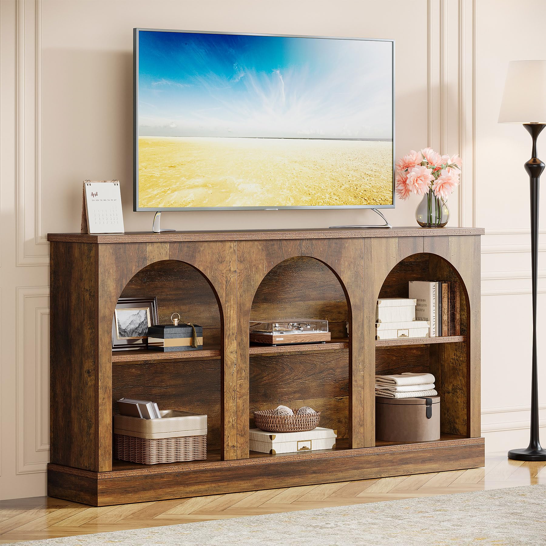 Farmhouse TV Console Stand for 55-65 Inch TVs, Rustic Entertainment Center with Storage Cabinets, Brown Finish