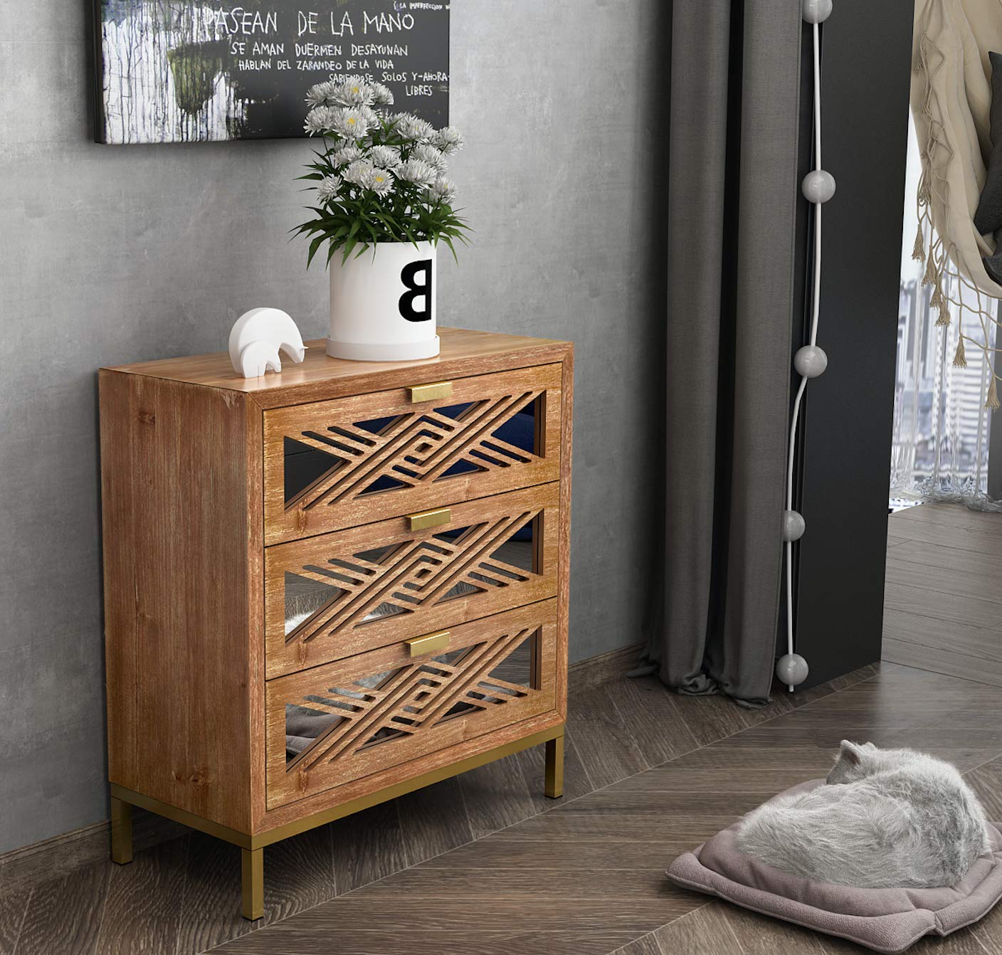 Modern Farmhouse 3-Drawer Accent Chest with Mirror Fronts, Clean-Line Dresser for Living Room, Bedroom, Entryway