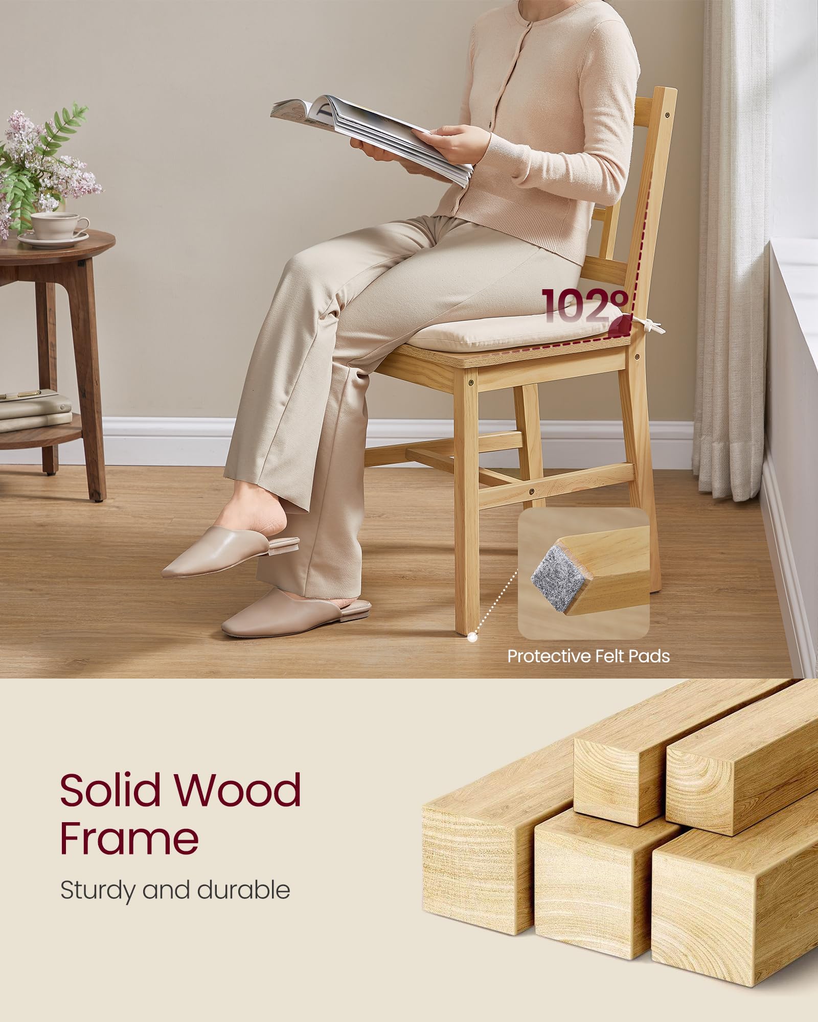 Set of 2 Wooden Dining Chairs, Golden Oak Kitchen Side Chairs with Curved Back & Removable Cushions