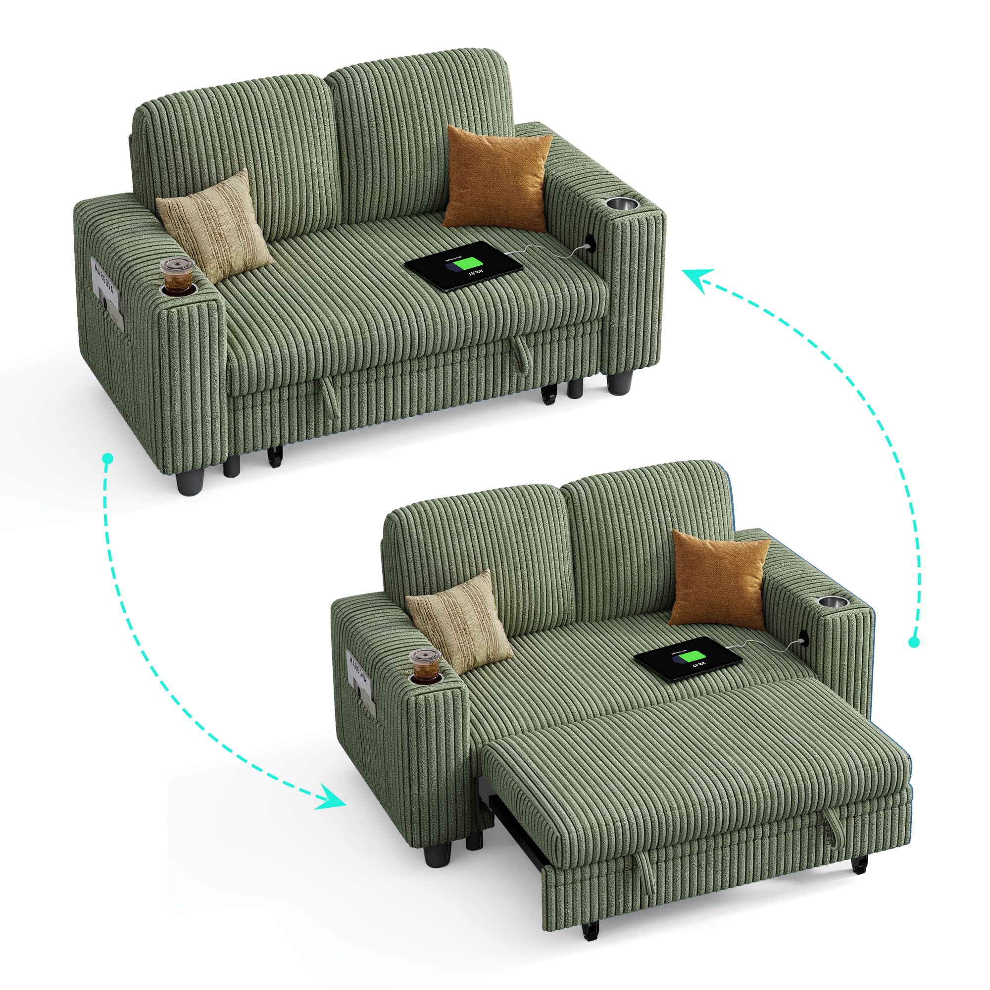 Pull Out Loveseat Sofa – Green Convertible Couch Chaise with USB Ports & Cup Holders, Plush Corduroy Sofa for Small Spaces