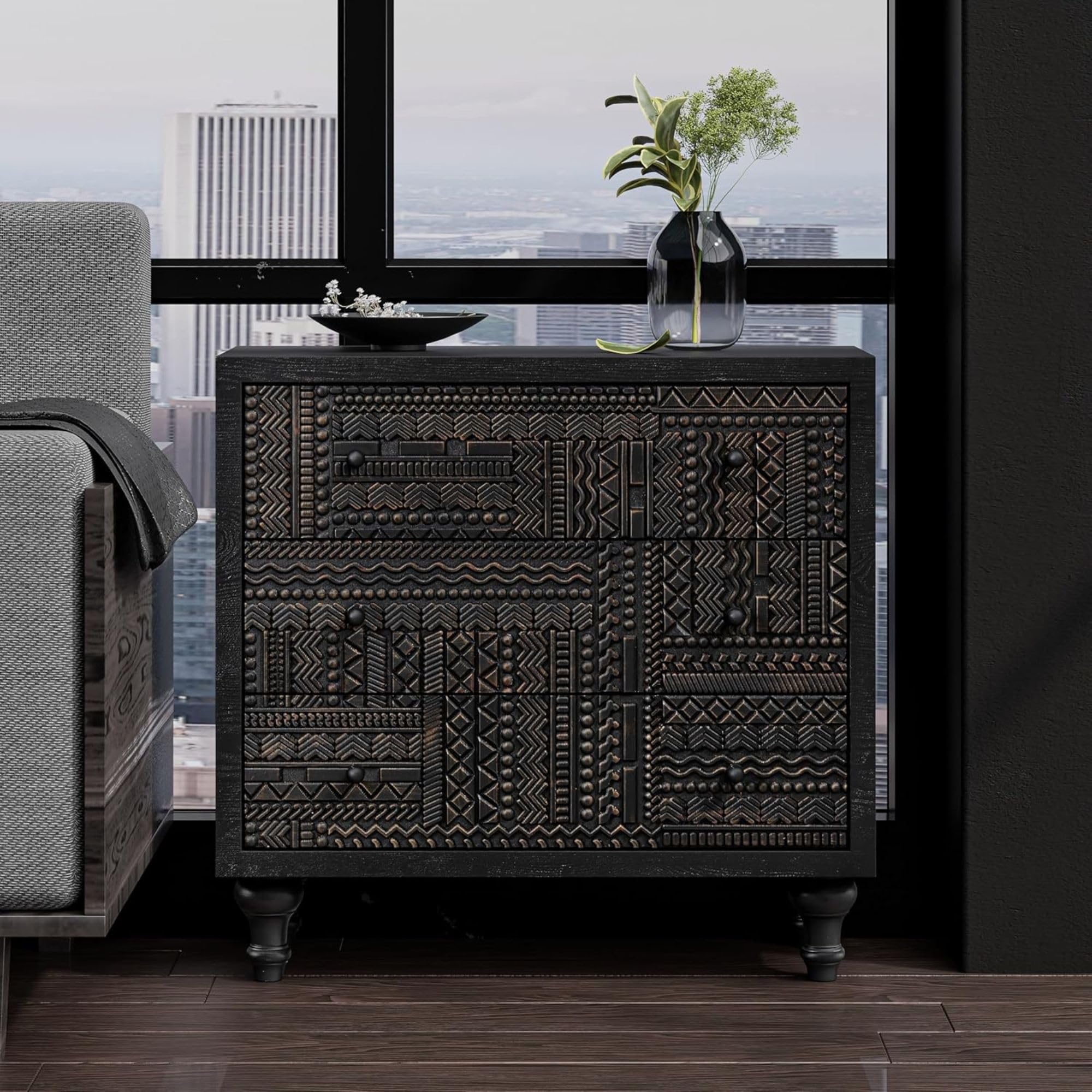 Black 3-Drawer Farmhouse Dresser with Carved Pattern, Mid-Century Modern Boho Nightstand, Fully Assembled