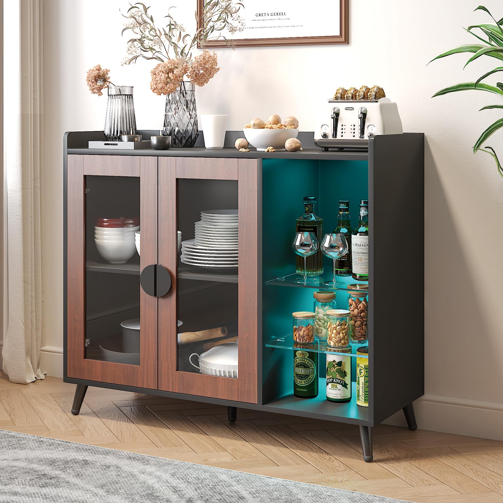 FURNIXI Sideboard Buffet Cabinet with Storage, Modern LED Coffee Bar Console with Glass Shelves & Acrylic Doors, for Dining Room