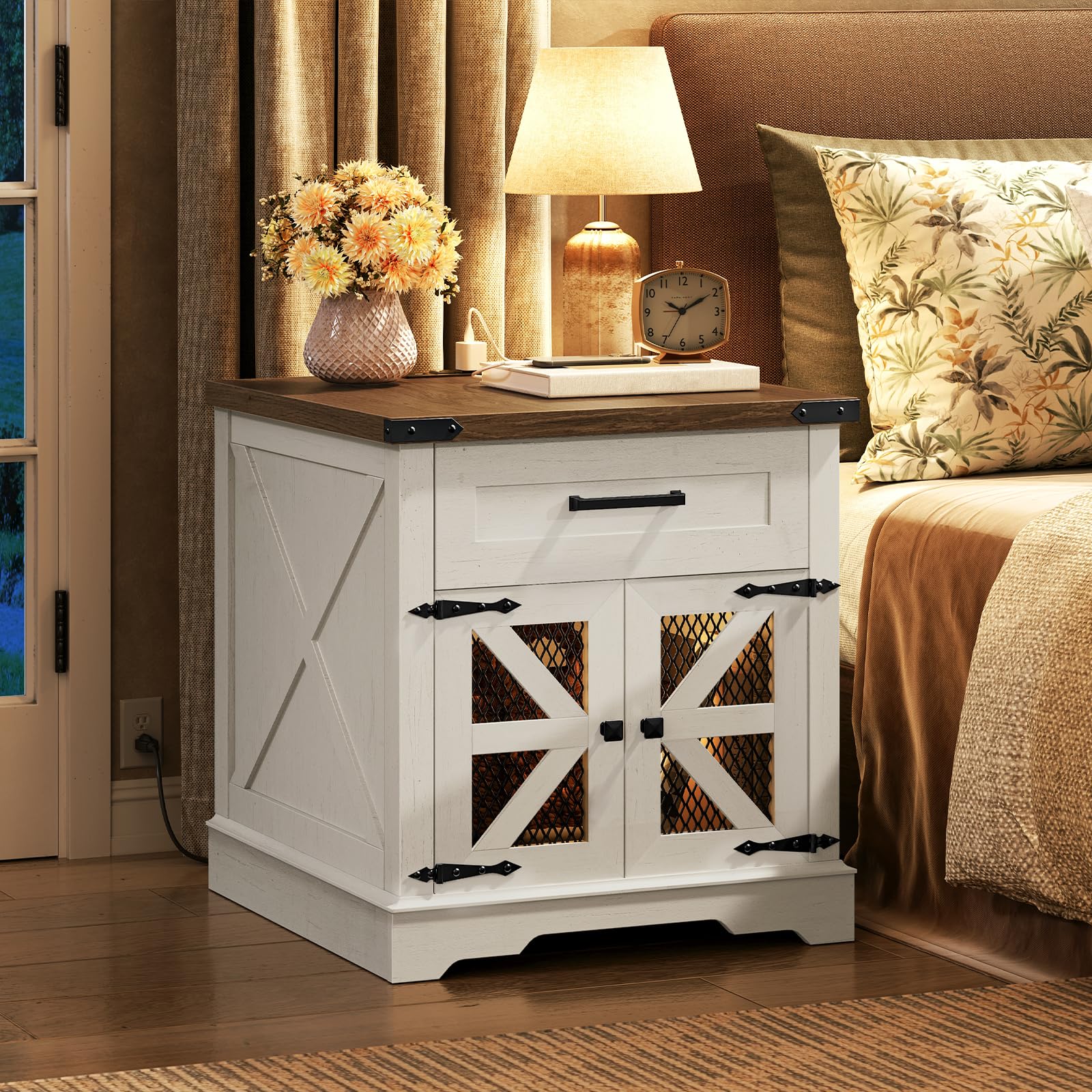 White Farmhouse End Table Set of 2, Large Square Sofa Side Table with Drawer & Charging Station