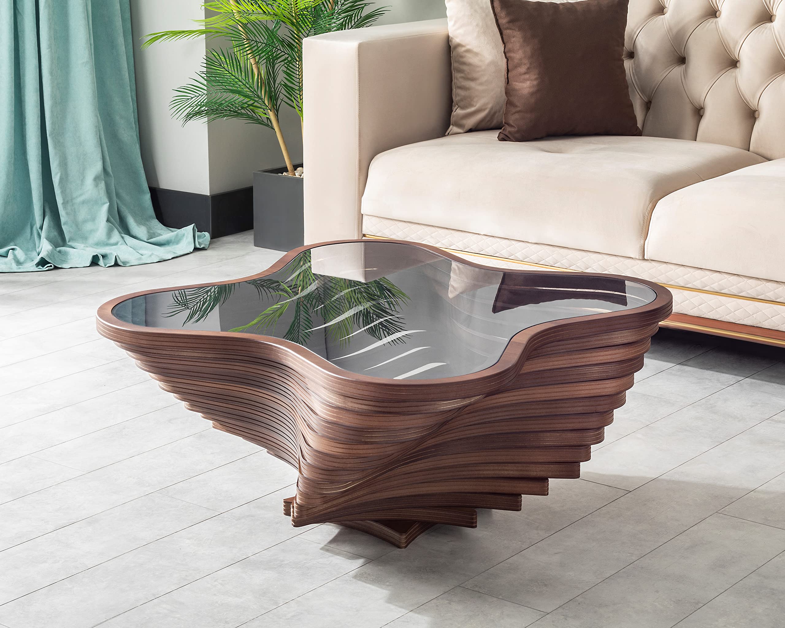 Modern Walnut Coffee Table with Tempered Glass Top, Layered Wave Design, Rustic Living Room Accent