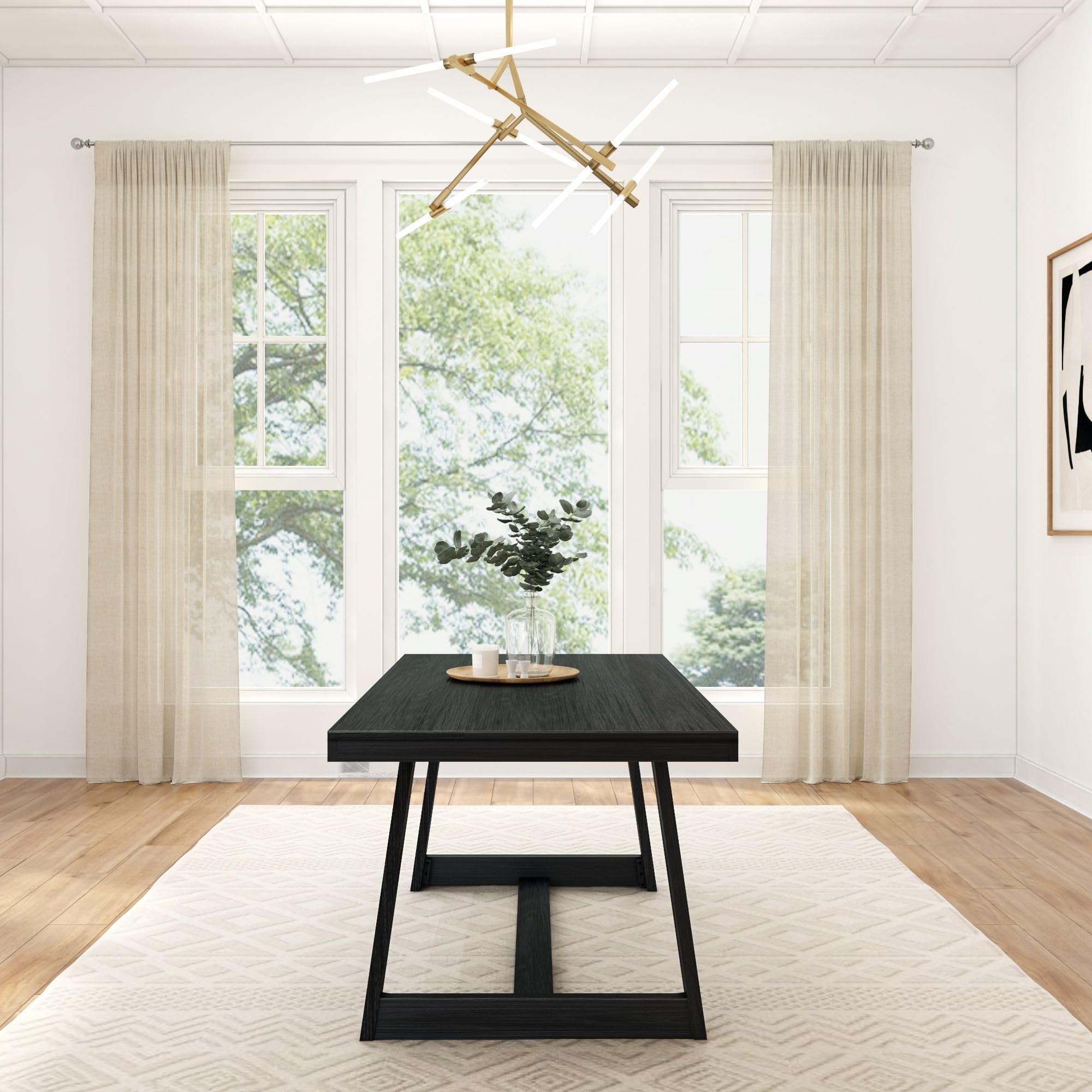 72" Farmhouse Dining Table, Solid Wood Rectangular Dinner Table with Black Wirebrush Finish, Easy Assembly