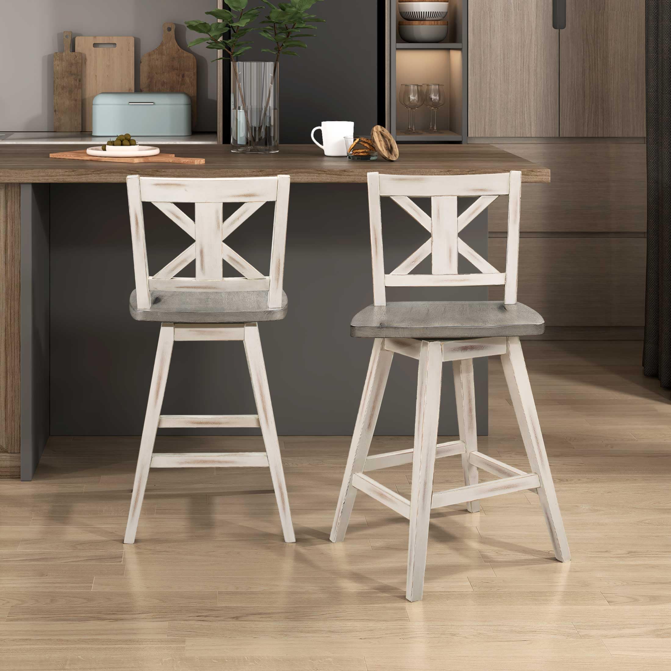 Set of 2 Solid Wood Swivel Counter Bar Stools, Tall Farmhouse X-Back Kitchen Island Chairs, Rustic White