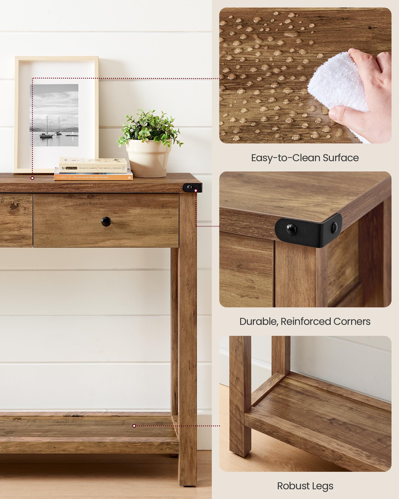 Narrow Entryway Console Table with 3 Drawers, Open Shelf & Metal Corners, Farmhouse Style Sofa Table, Honey Brown