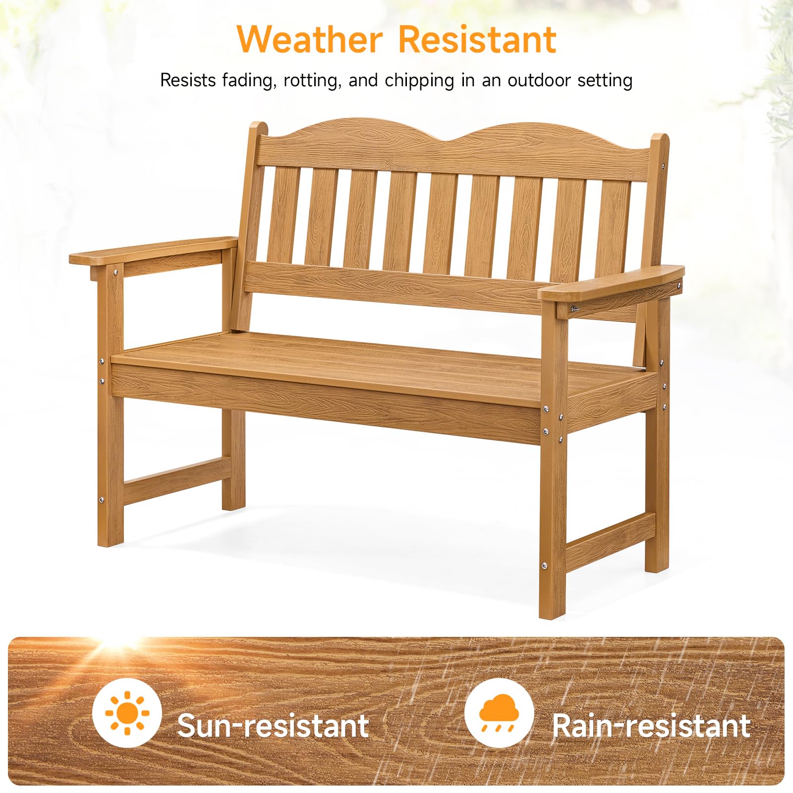 Teak Poly Lumber Outdoor Garden Bench, 2-Person All-Weather Patio Bench with Armrests and Backrest