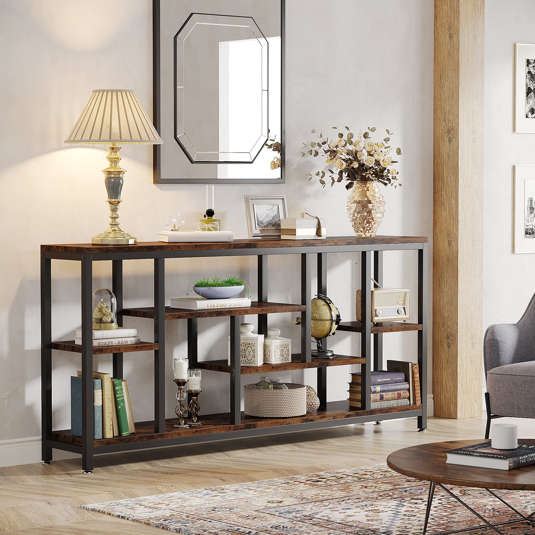 70.9" Industrial Console Table, 3-Tier Extra Long Sofa Table with Storage for Hallway, Living Room, Rustic Brown