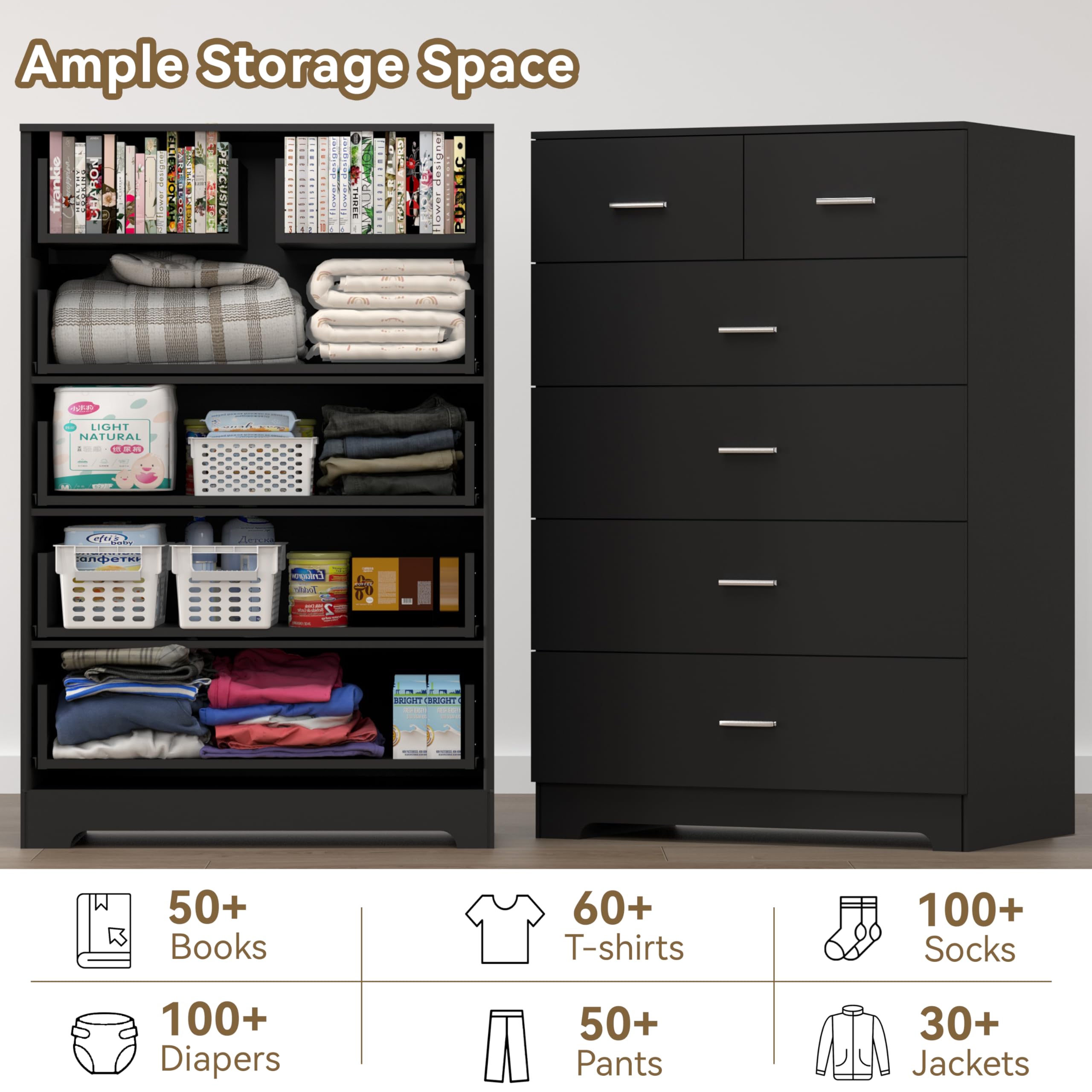 6-Drawer Black Dresser – Wooden Tall Chest with Power Outlets & Smooth Rails, Organizer for Bedroom or Hallway