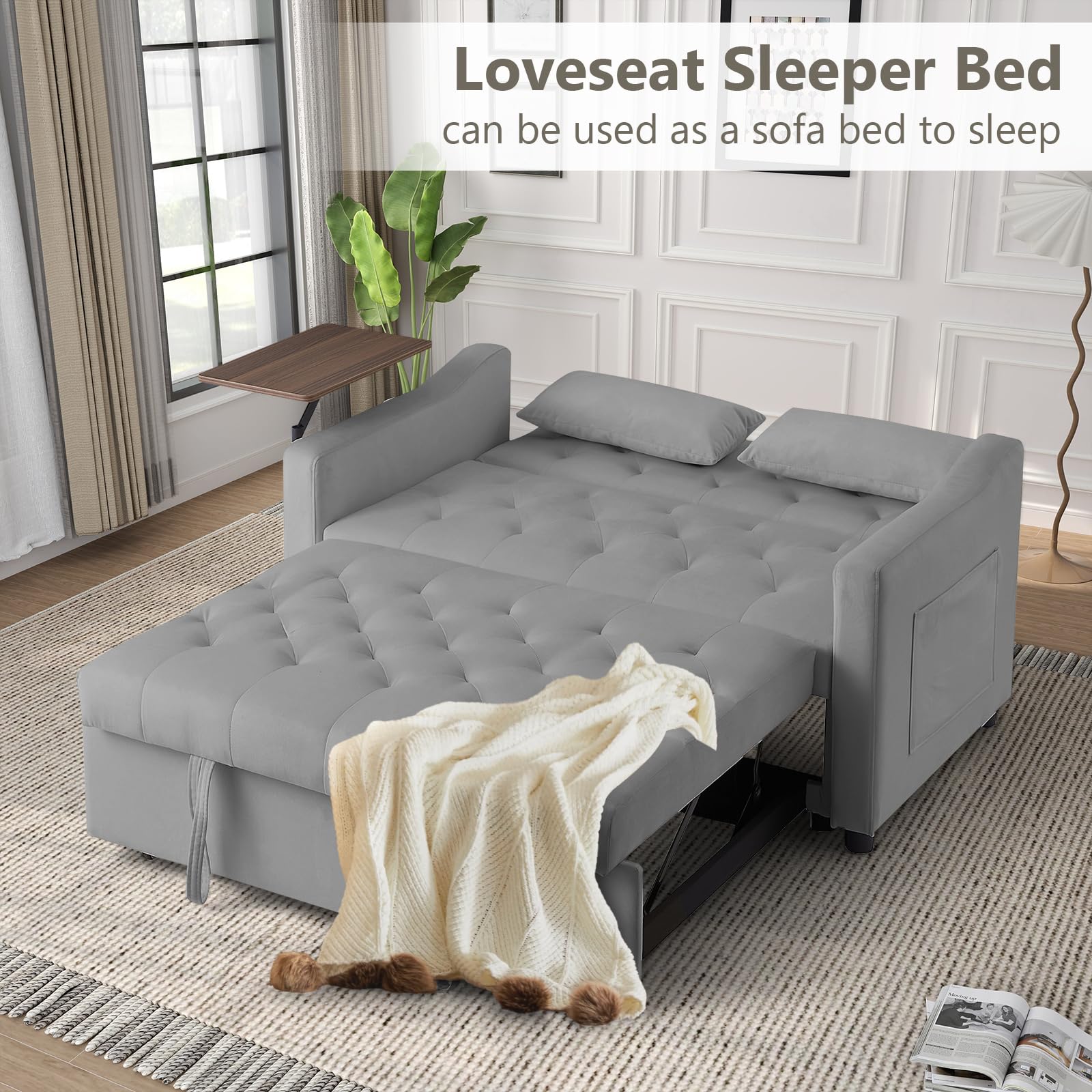 3-in-1 Convertible Sleeper Loveseat Sofa Bed with Pull-Out Couch, Adjustable Backrest & Swivel Side Table