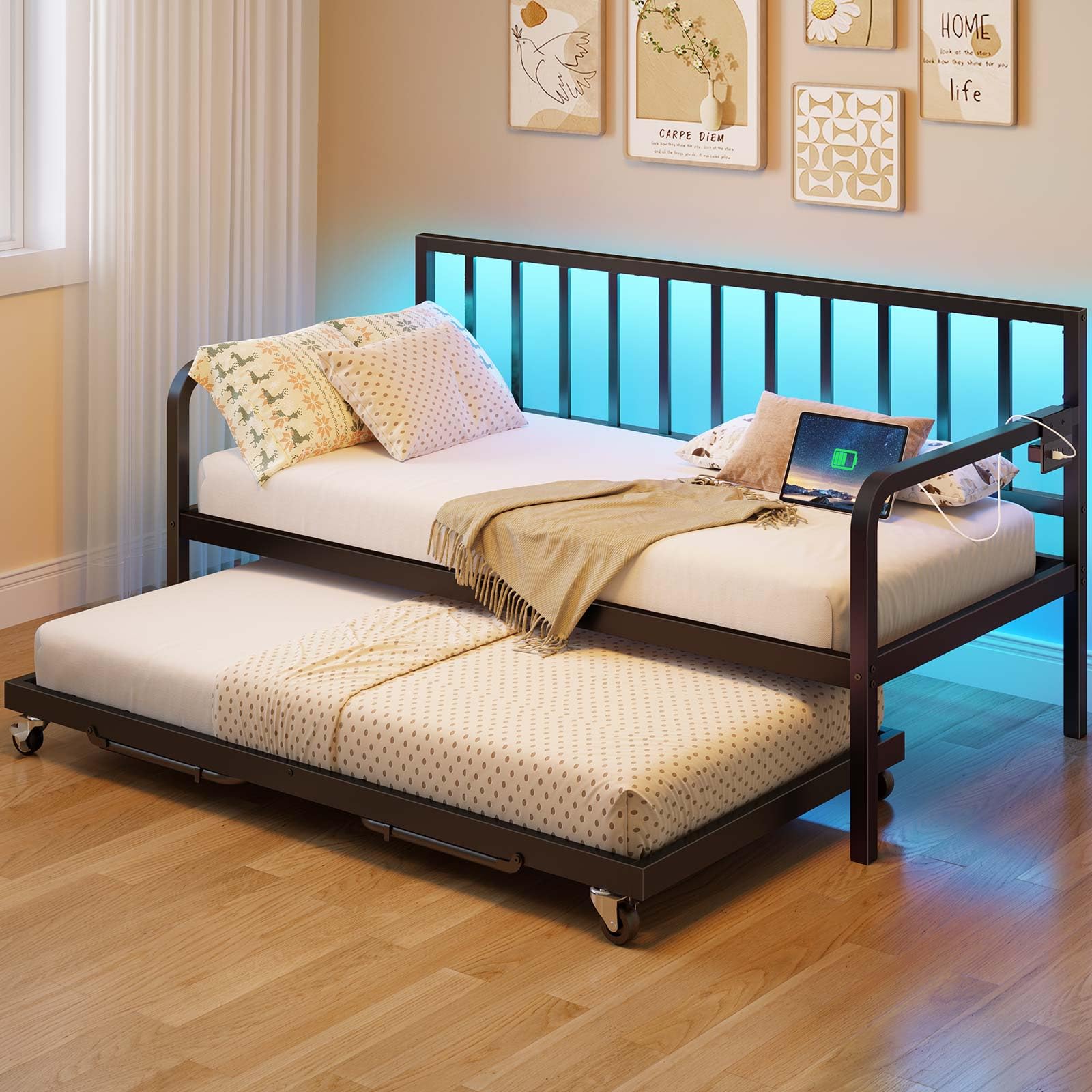 Adjustable Twin Daybed – Metal Sofa Bed with Trundle, Charging Station & LED Lights, Great for Living Room or Guest Room