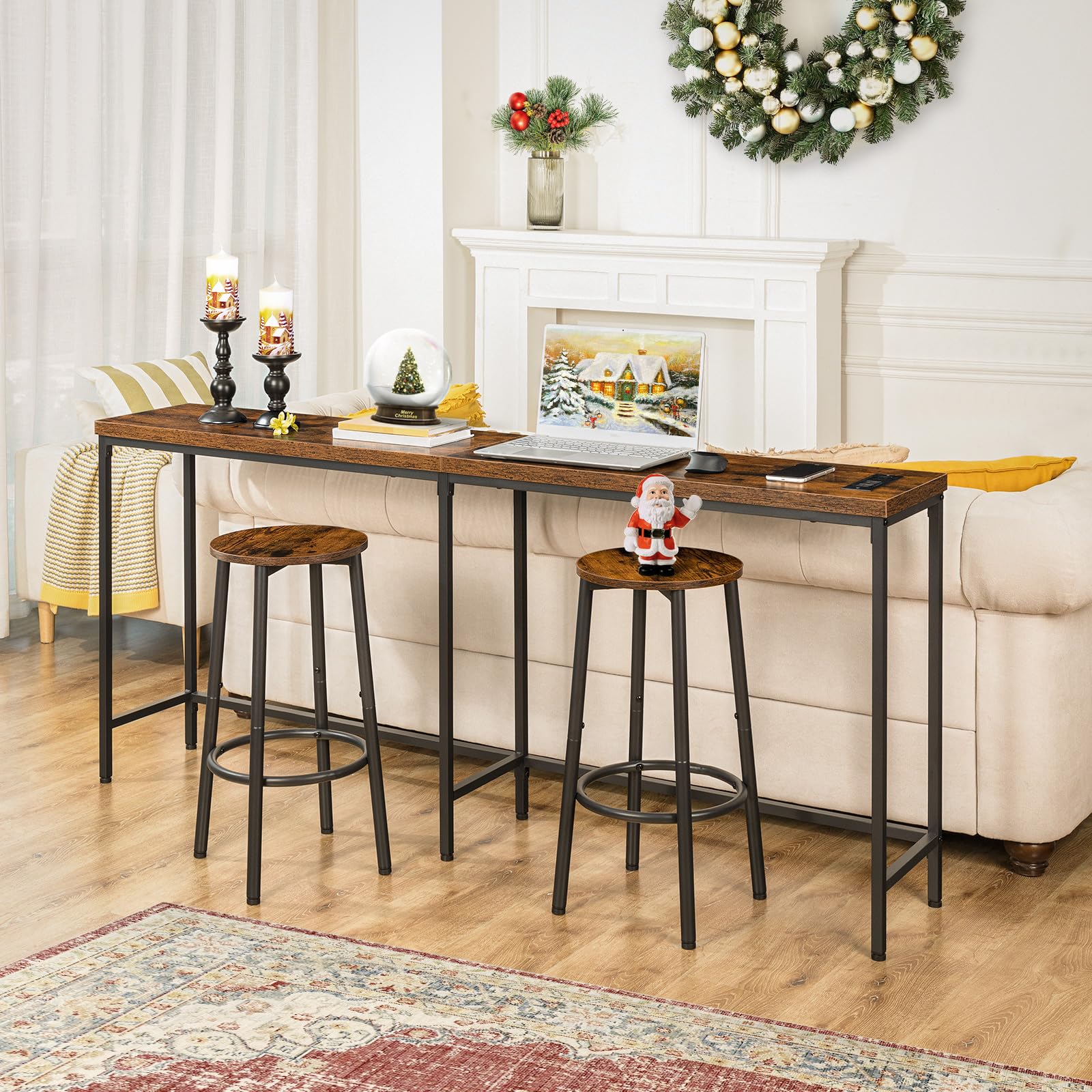 Bar Stools Set of 2, Round Counter Height Kitchen Stools with Footrest, Sturdy Steel Frame for Dining Room, Party, Rustic Brown
