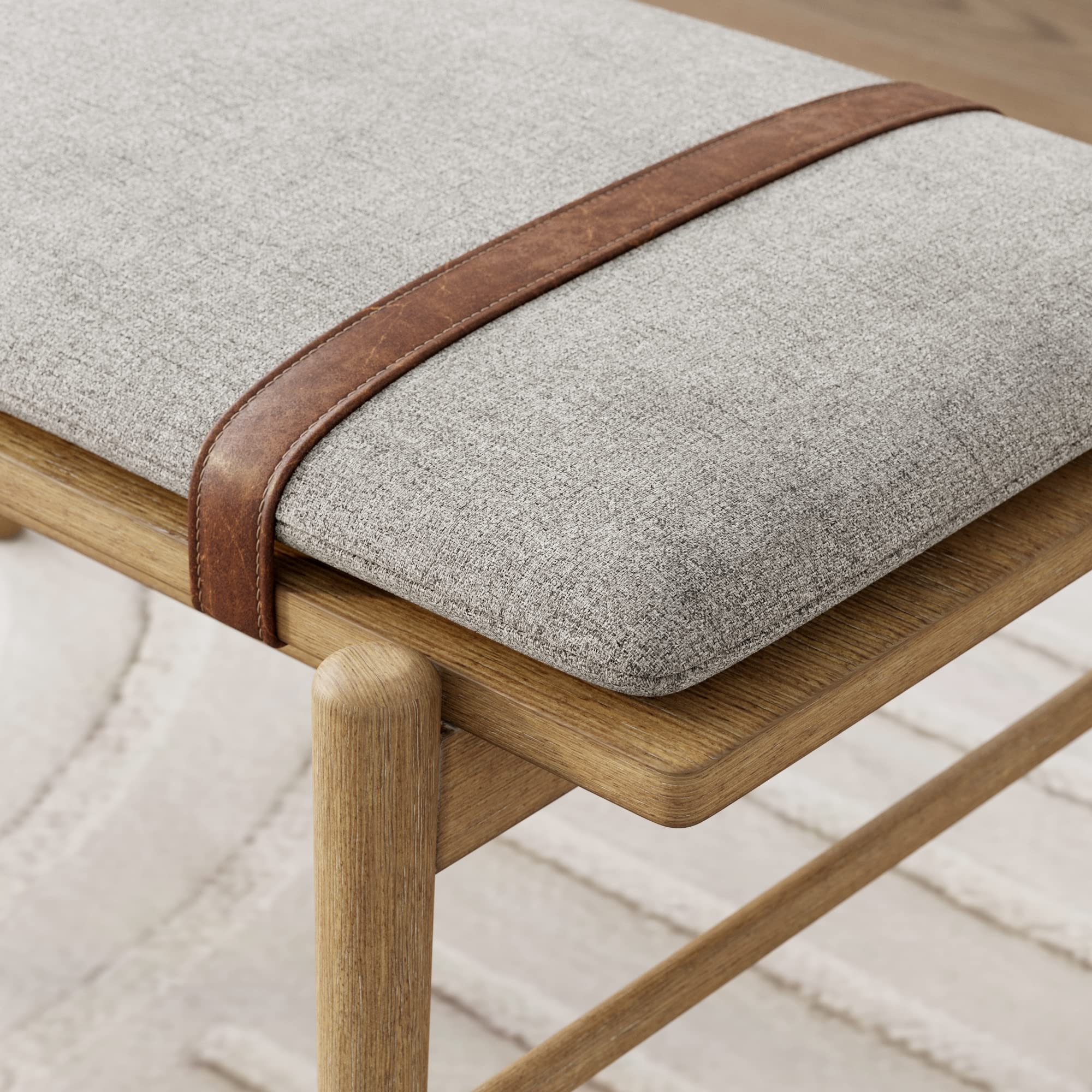 Gugan Mid-Century Wooden Bench Seat, Light Brown Bench with Ivory Cushion for Entryway, Bedroom