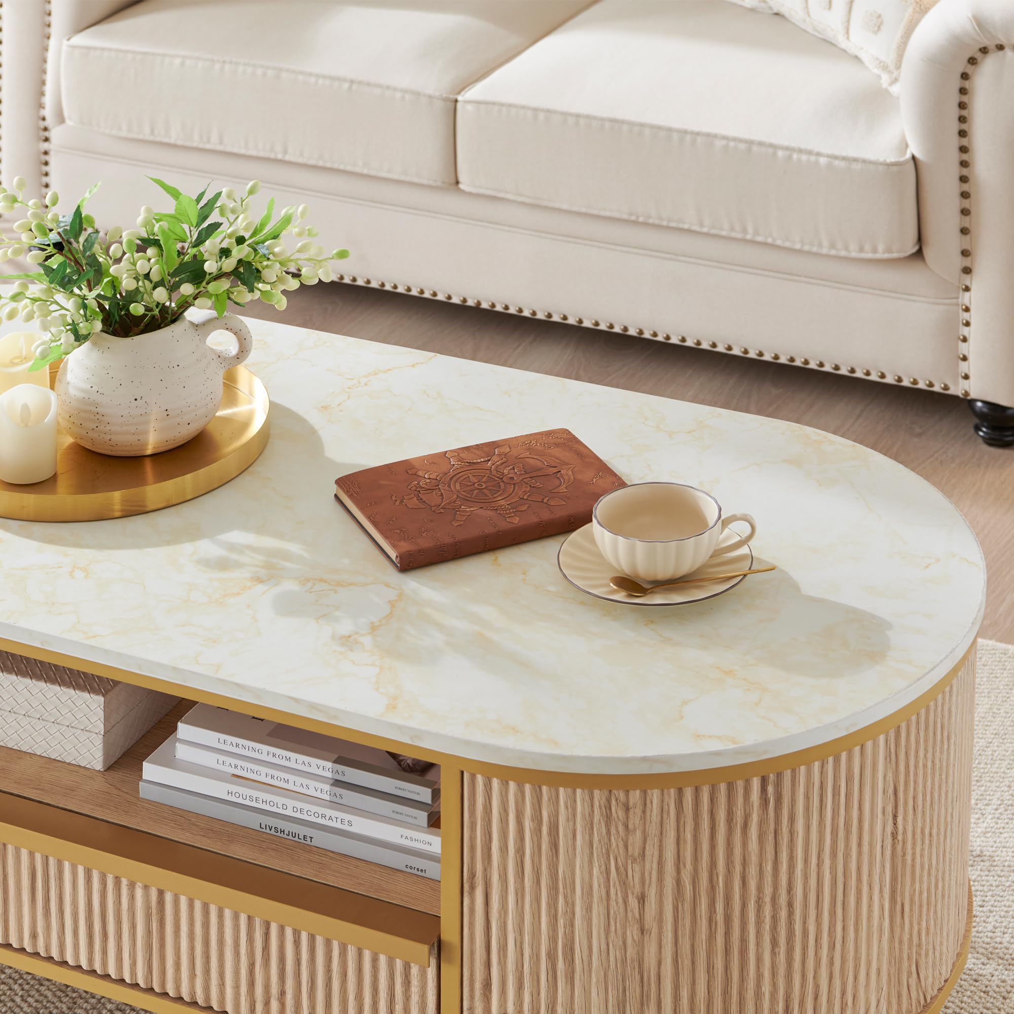 48" Modern Fluted Coffee Table with Drawer, Faux Marble Top, Gold Metal Decor, Curved Oval Center Table, Natural Oak