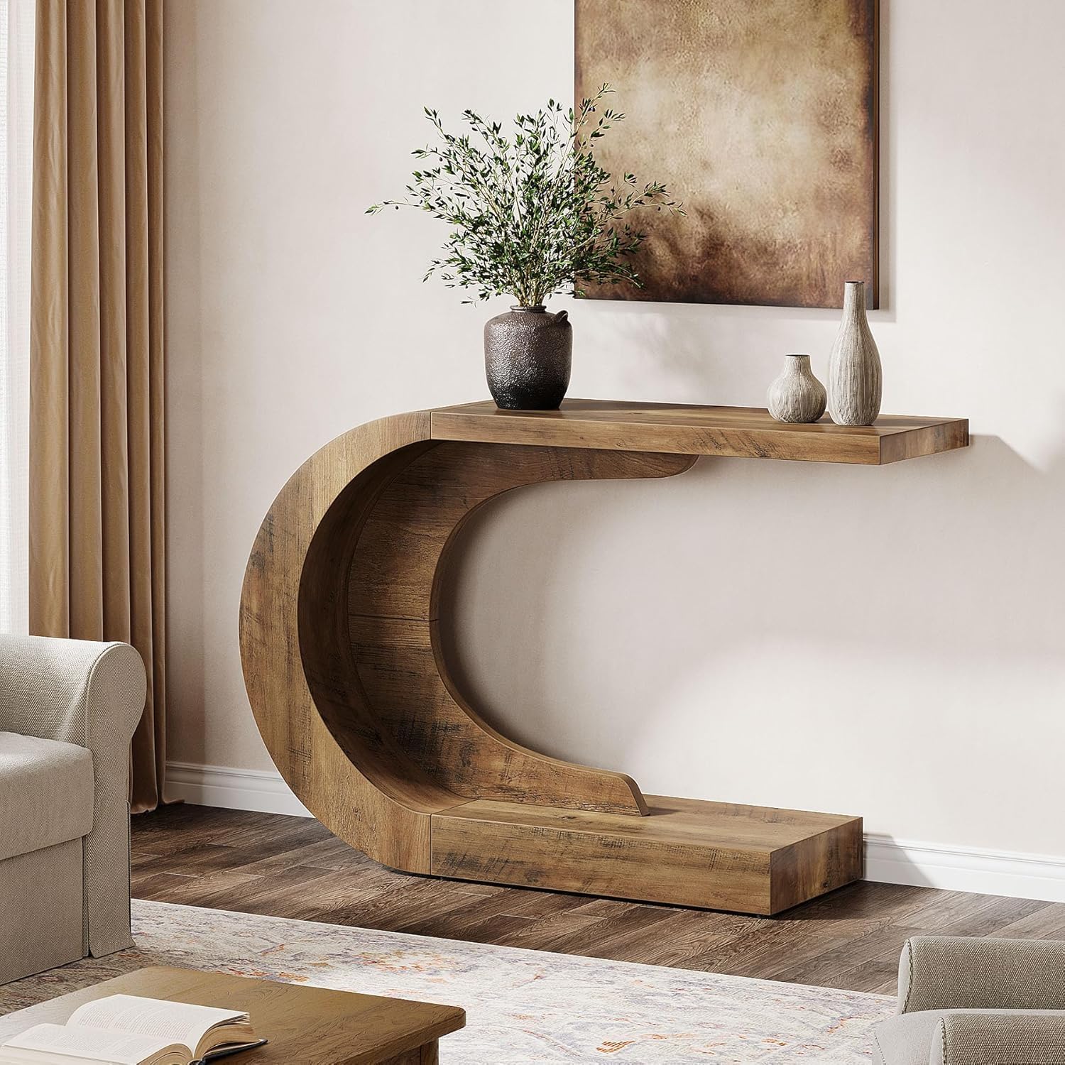 43.3" Mid-Century Modern Entryway Console Table, Wooden C-Shape Accent Table for Living Room, Hallway, Foyer
