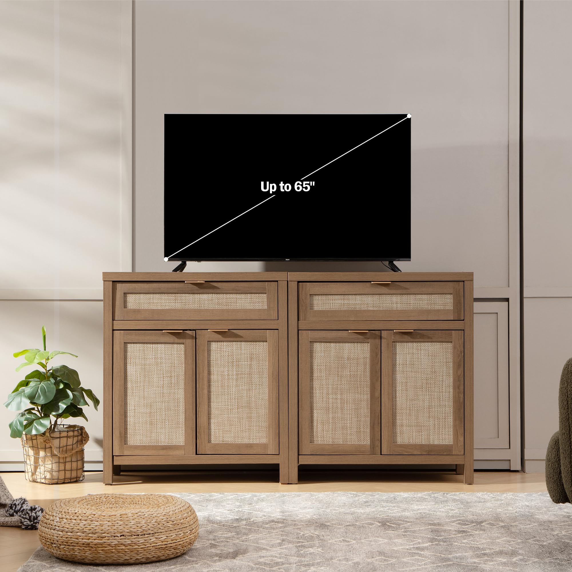 Sideboard Buffet Cabinet Set of 2, Natural Oak Rattan Storage Credenza with Drawer, Boho Coffee Bar for Entryway Living Room