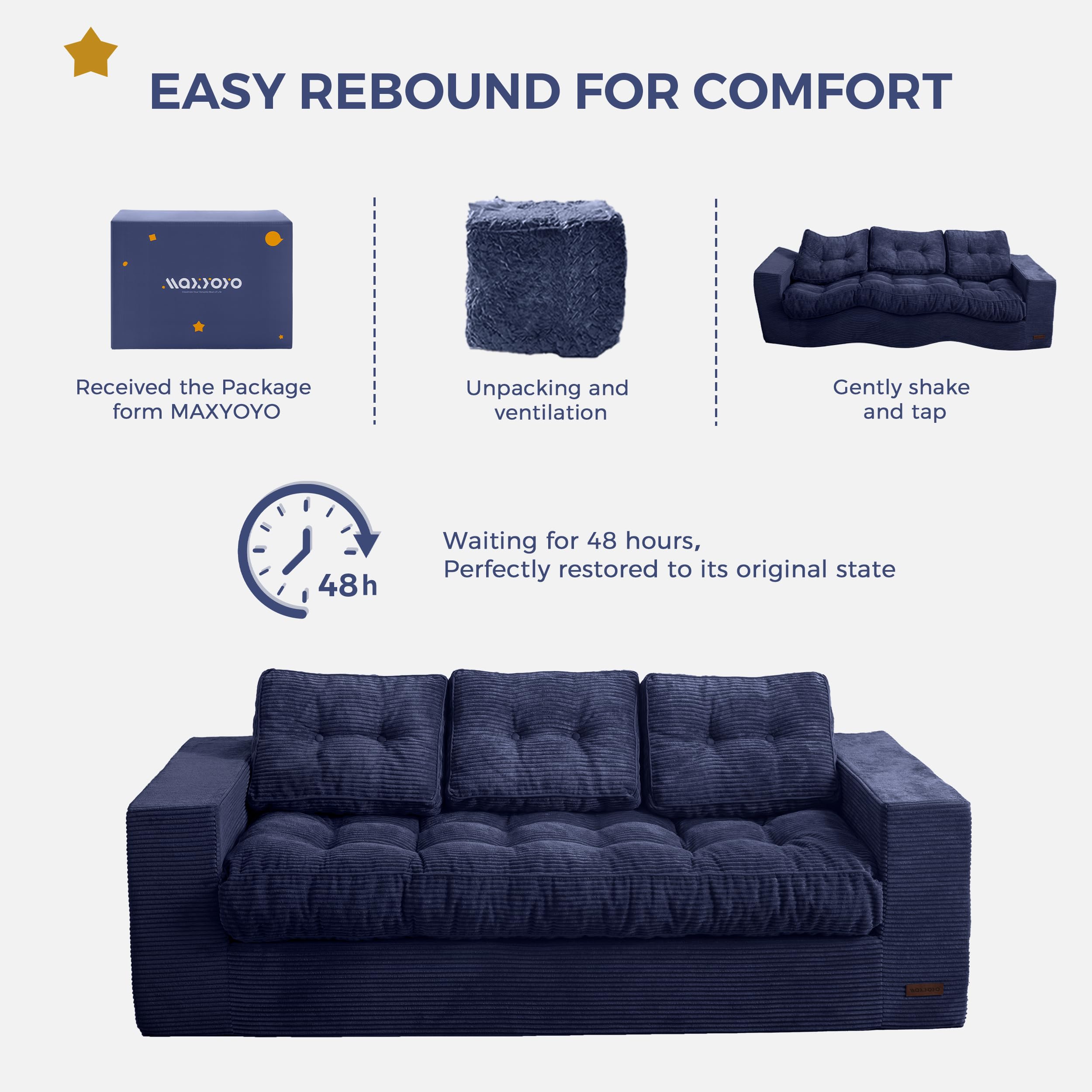 3-Seater Navy Sofa with Tufted Cushions & Armrests, Upholstered Floor Couch, Sofa-in-a-Box, No Assembly Needed