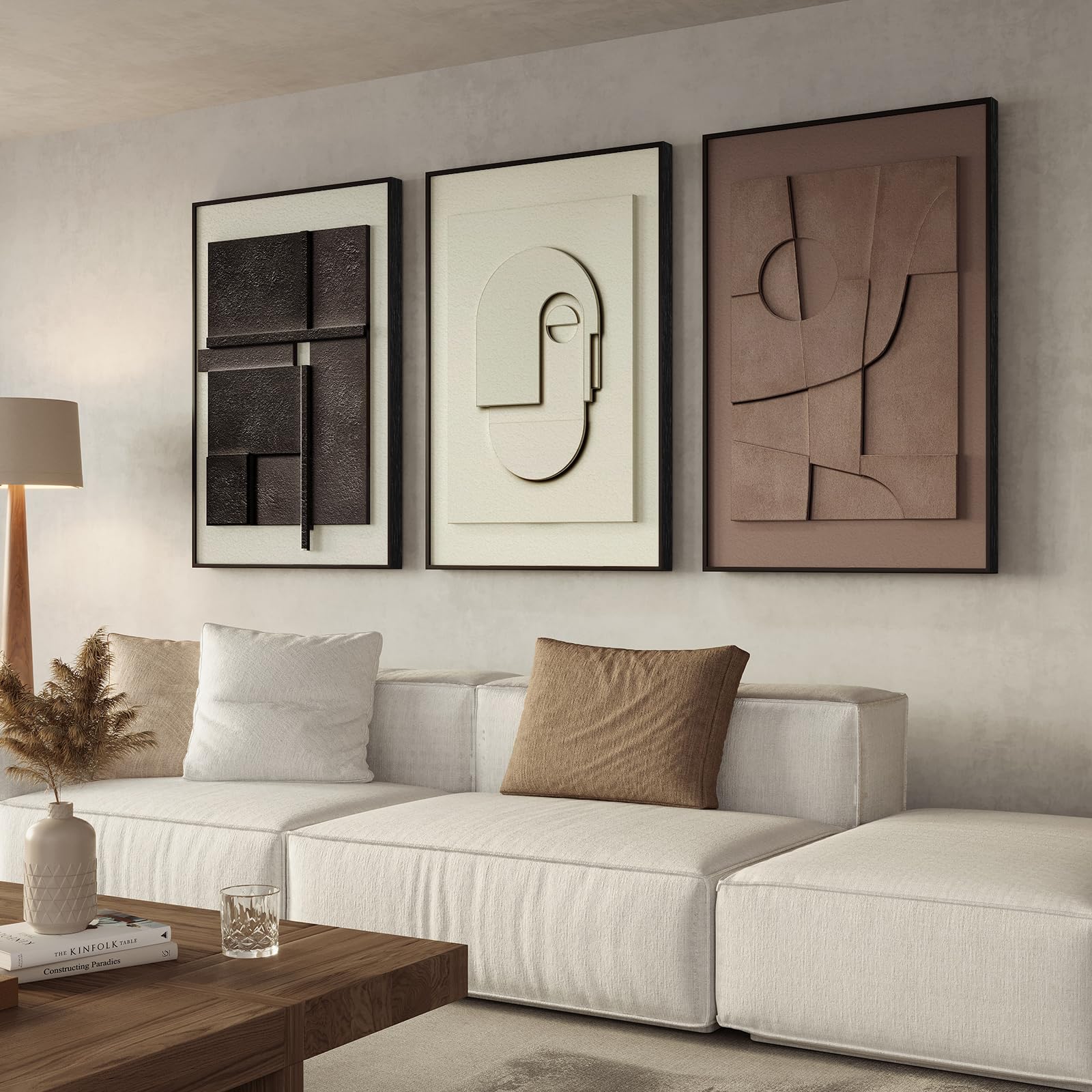 3-Piece Textured Abstract Wall Art – Framed Black White Brown Canvas for Living Room, Office or Hallway Decor