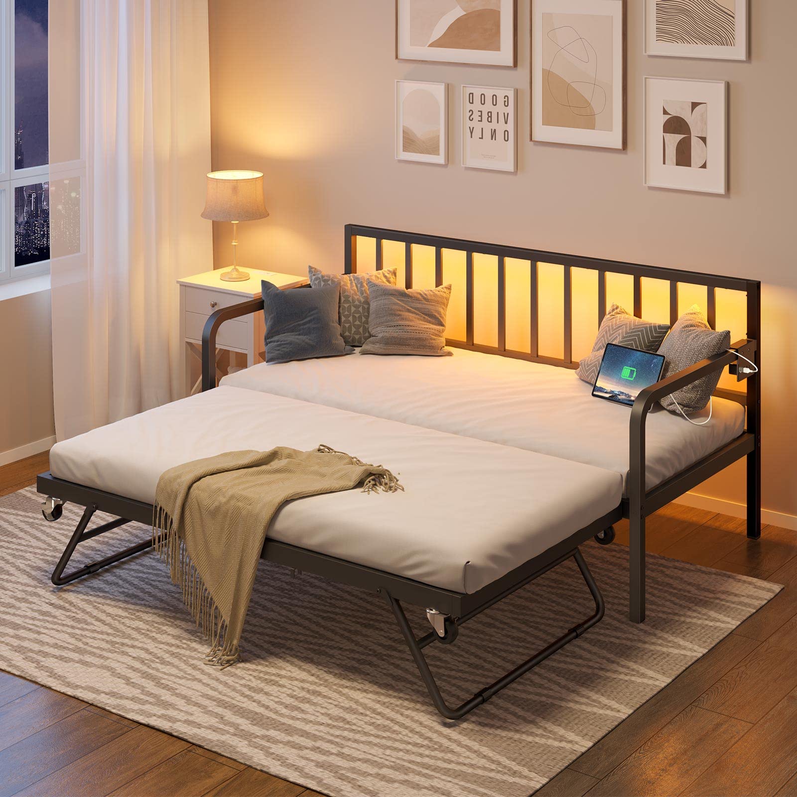 Adjustable Twin Daybed – Metal Sofa Bed with Trundle, Charging Station & LED Lights, Great for Living Room or Guest Room