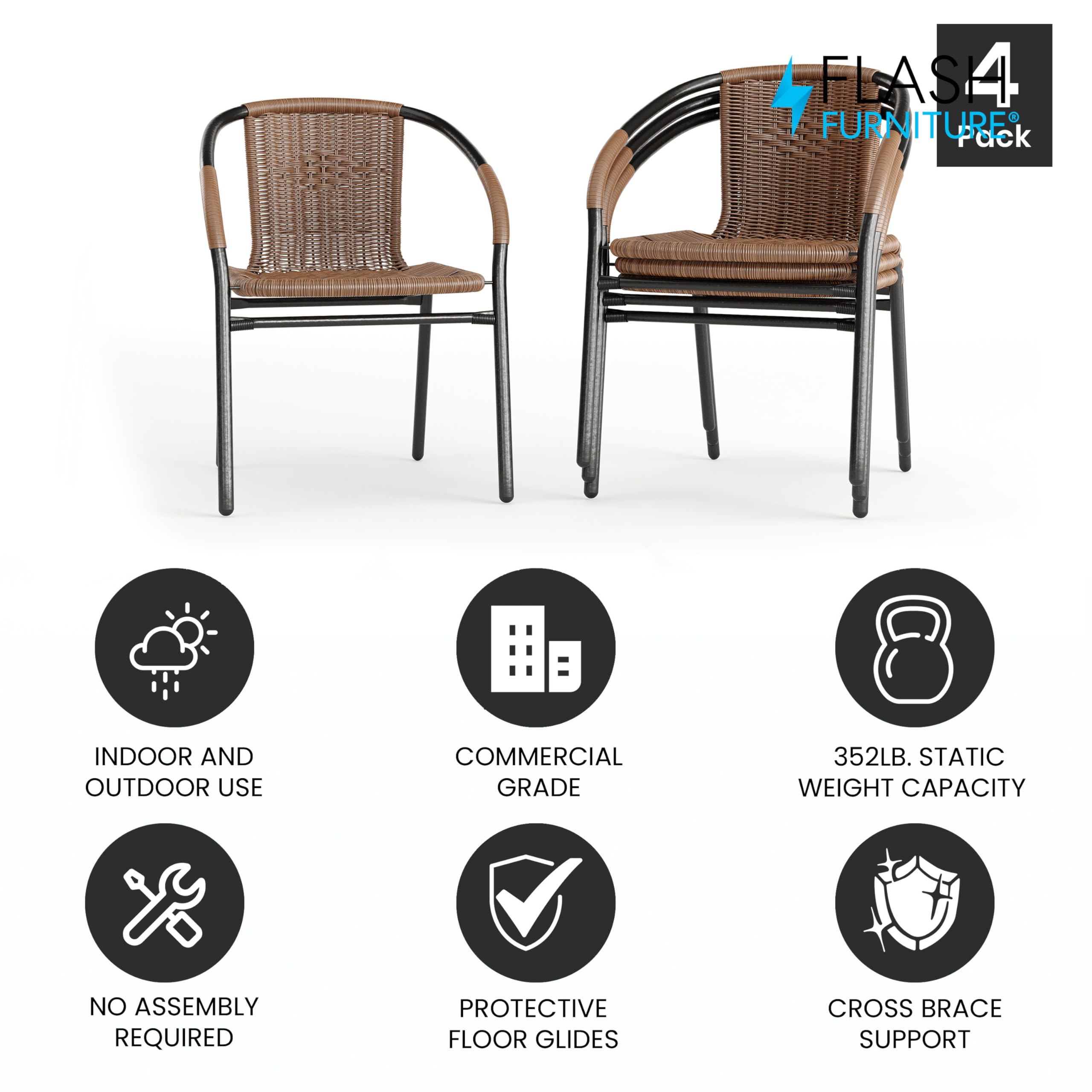 FURNIXI Set of 4 Stackable Rattan Bistro Chairs, Modern Brown Indoor/Outdoor Patio Dining Chairs for Restaurant