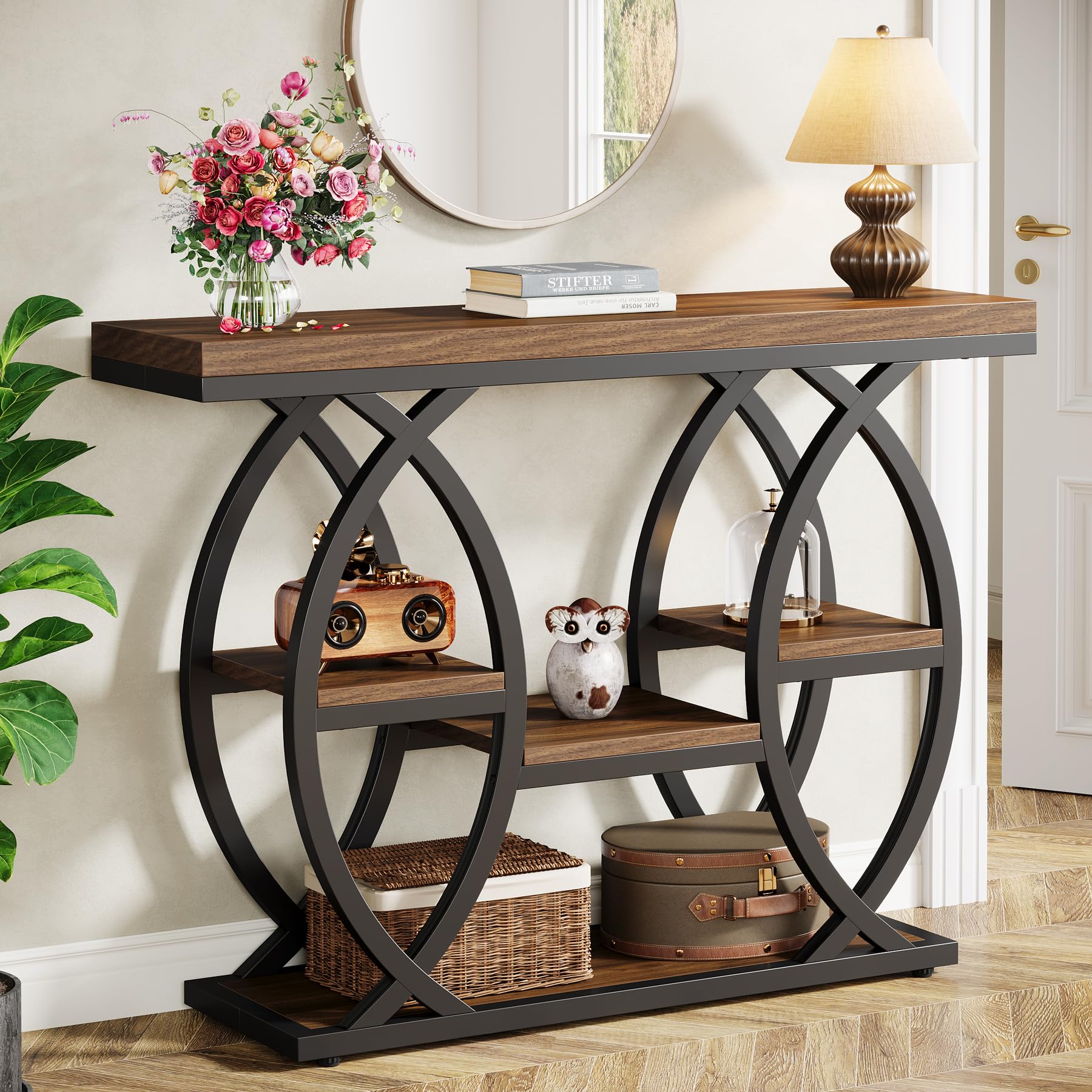 39.4" Industrial Console Table, 4-Tier Narrow Sofa Entry Table with Storage Shelves, Wood & Metal Accent for Small Spaces