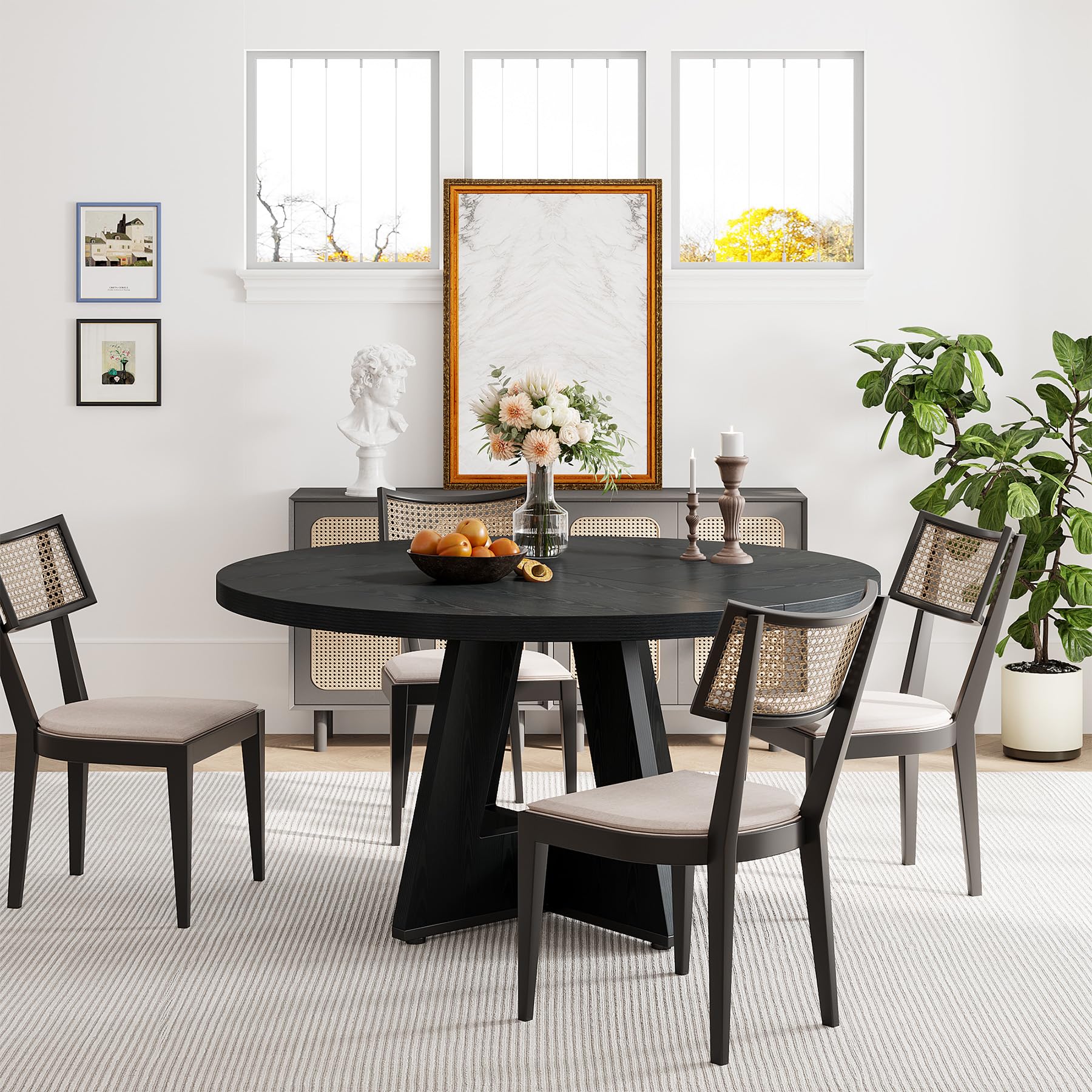 47" Round Wood Dining Table, Farmhouse Pedestal Table for 4, Black Base Kitchen Table for Dining Room