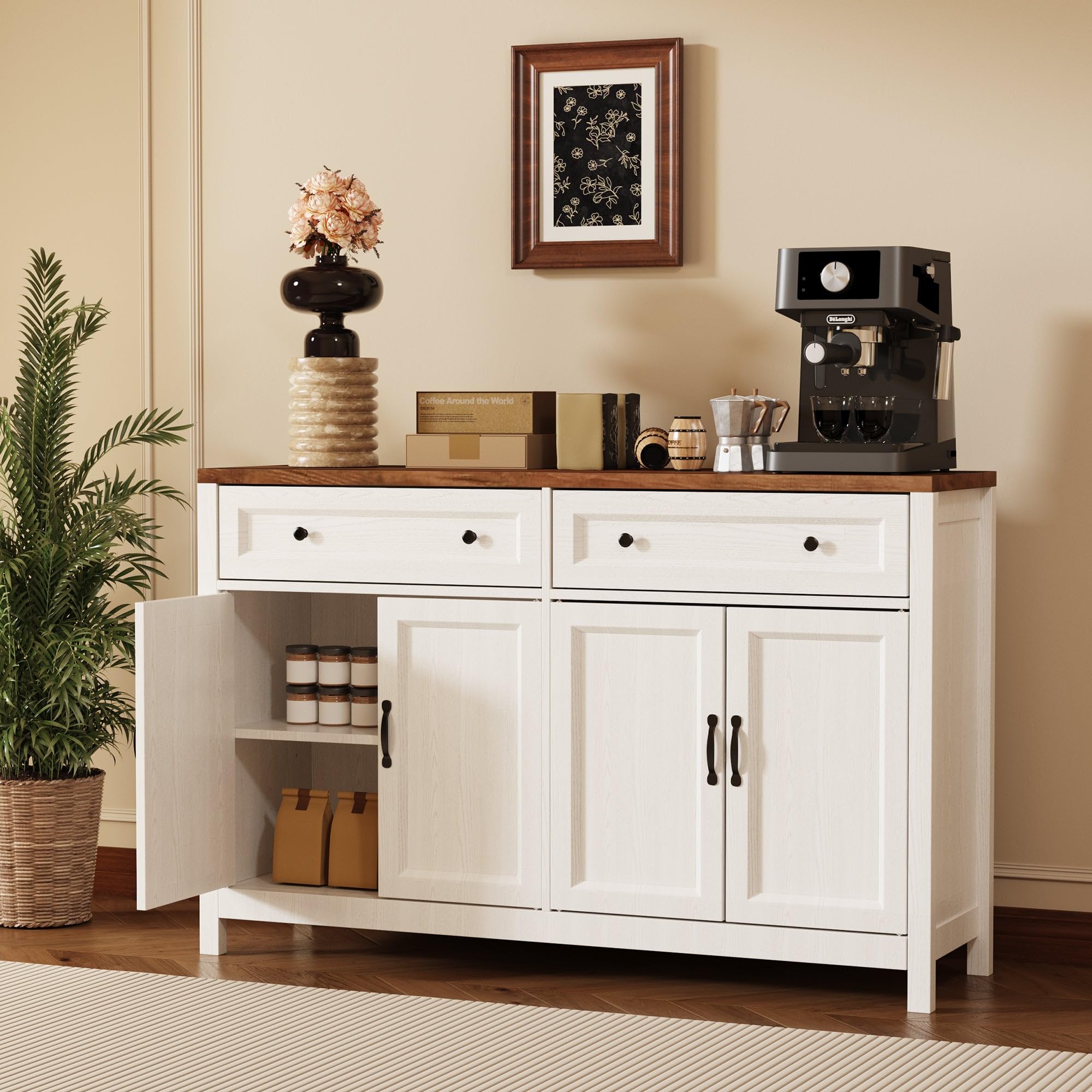 Farmhouse Sideboard Buffet Cabinet with Storage, White/Rustic Brown Coffee Bar with Drawers & Doors for Dining Room
