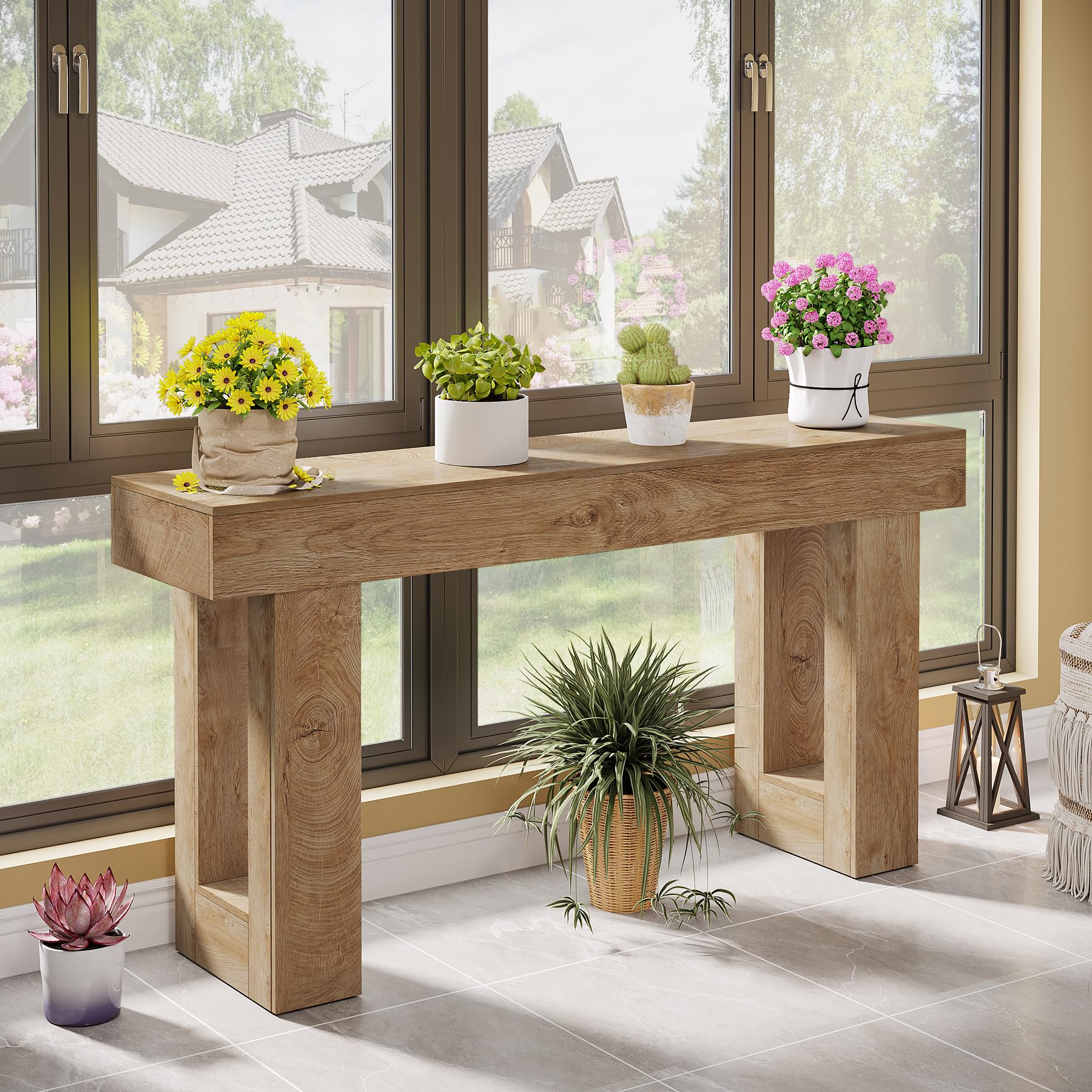 63" Long Wooden Console Table, Farmhouse Sofa Table for Entryway or Hallway, Rectangular Behind Couch Table, Natural