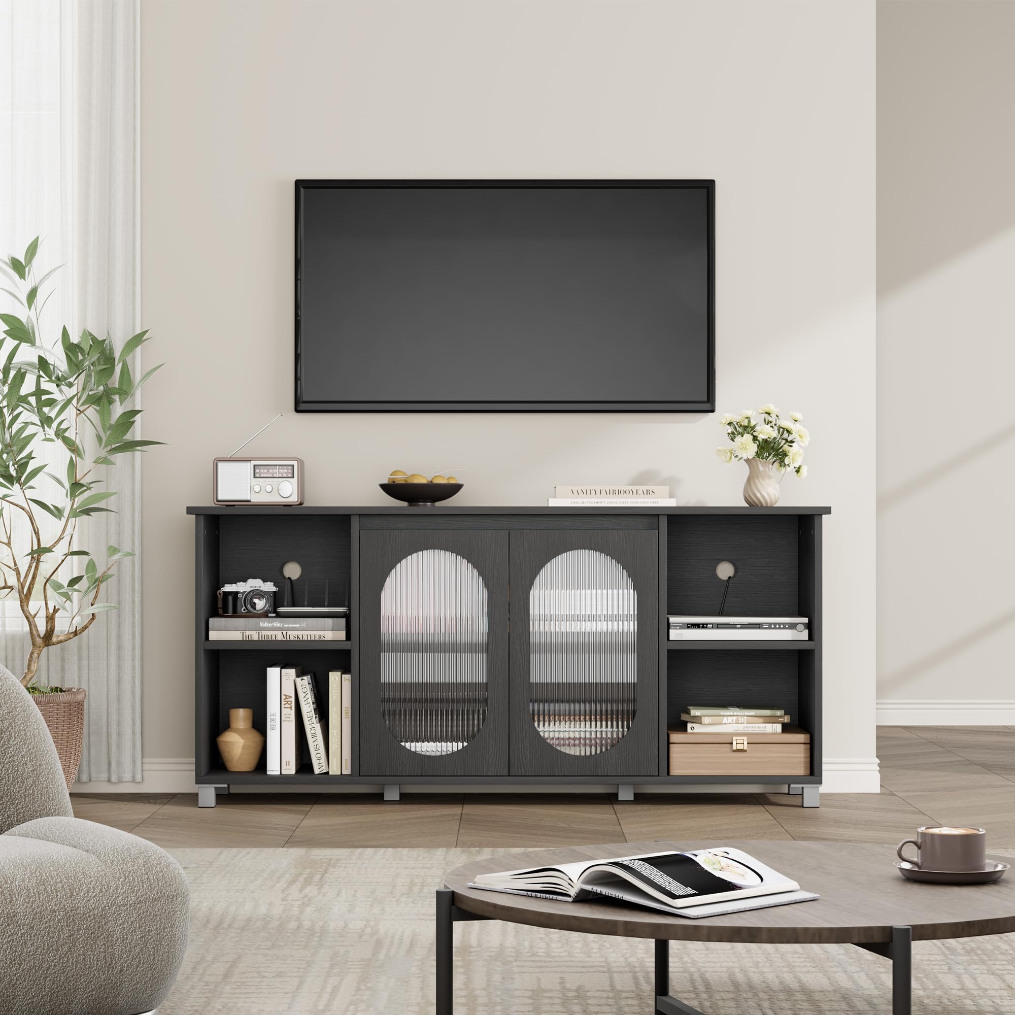 70 Inch Rustic TV Stand – Black Entertainment Center with Corrugated Glass Doors & Open Shelves for Living Room