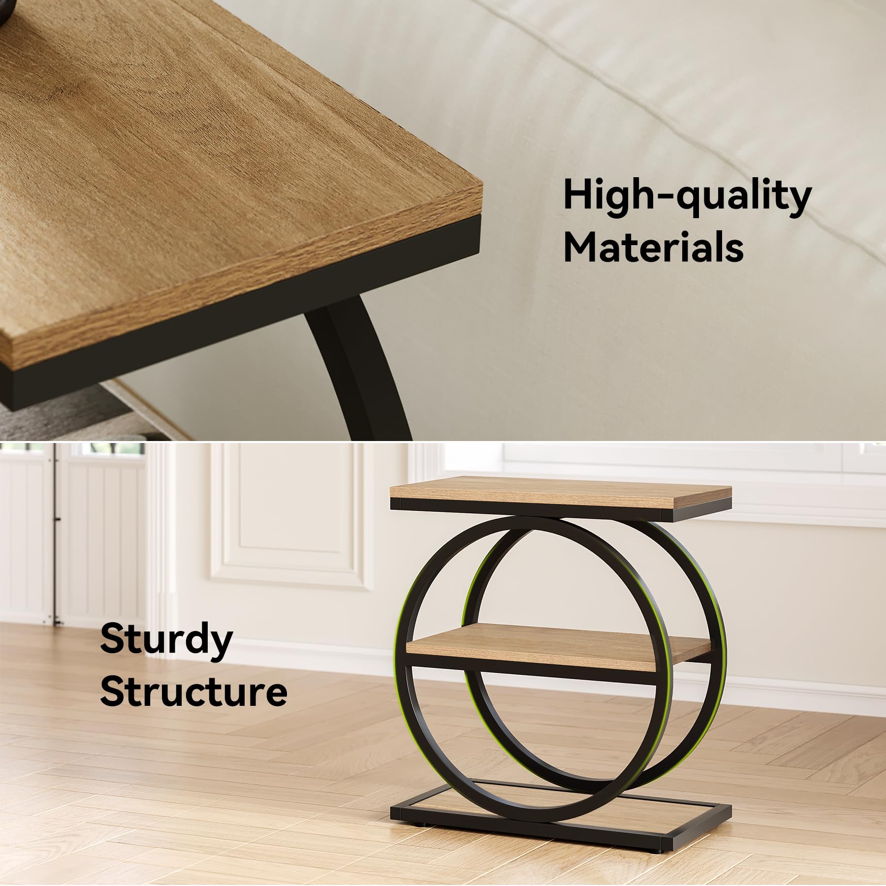 End Table Set of 2, Wooden Side Tables with 3-Tier Metal Shelf Storage for Living Room or Bedroom, Oak