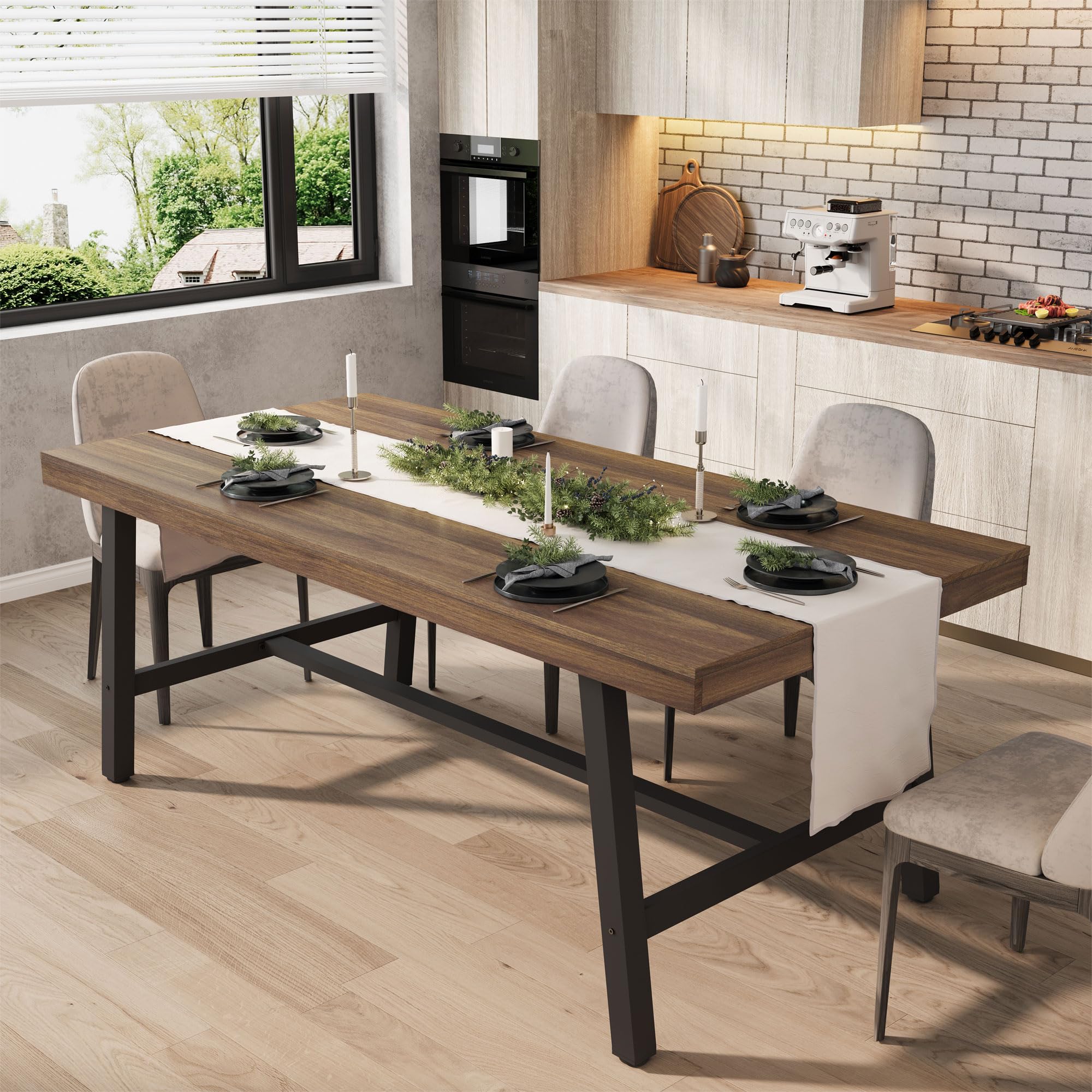 70.87" Long Dining Table, Rustic Brown Wooden Kitchen Table with Metal Frame, Seats 6-8 People Comfortably